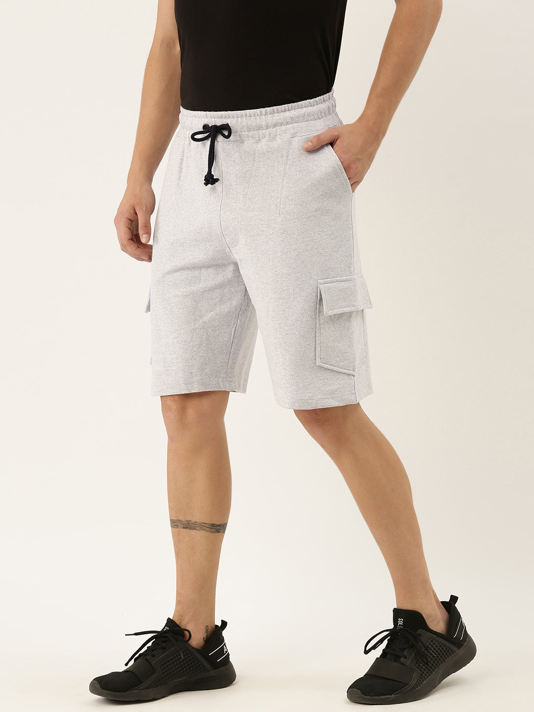 Men White Casual Terry Cargo Shorts