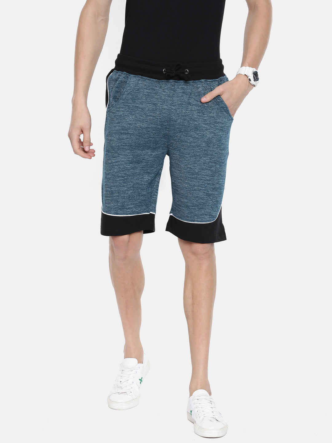 Men Teal Casual Terry Curved Side Shorts