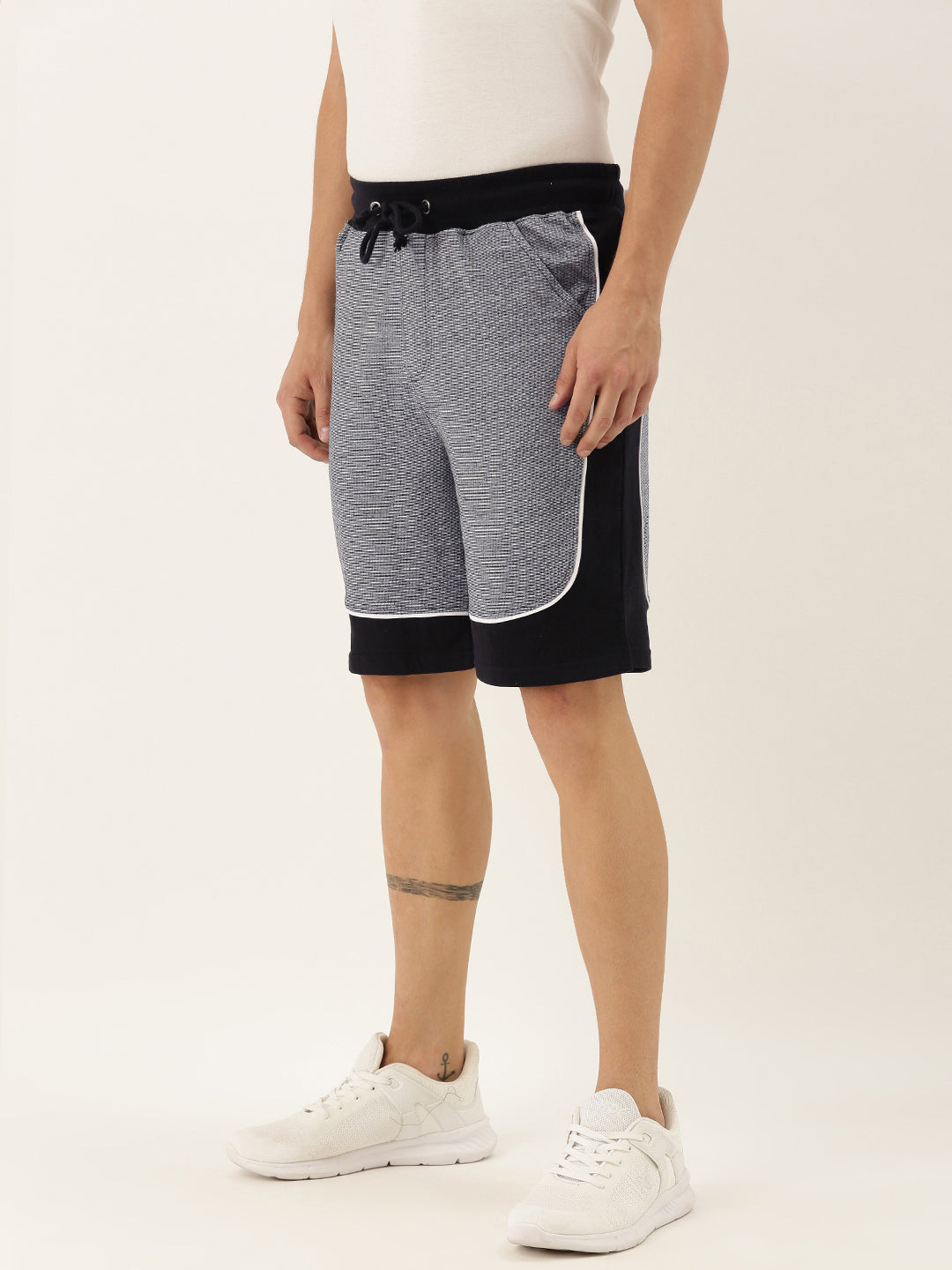 Men Whiteblack Casual Terry Curved Side Shorts