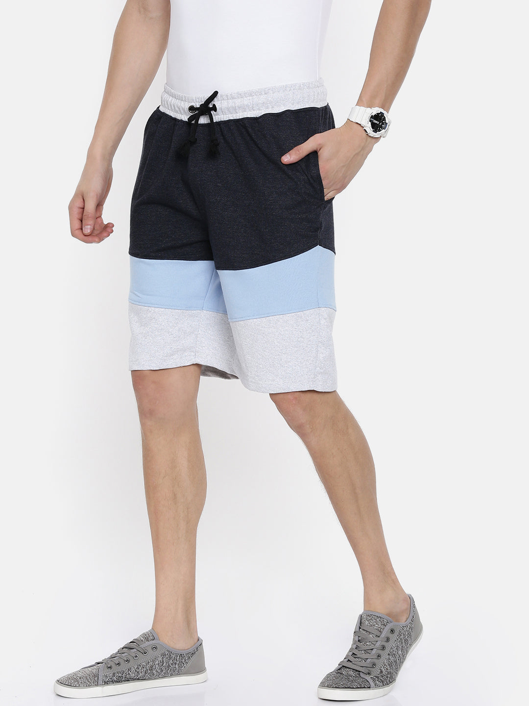 Men Blacknavy Casual Terry Cut & Sew Shorts