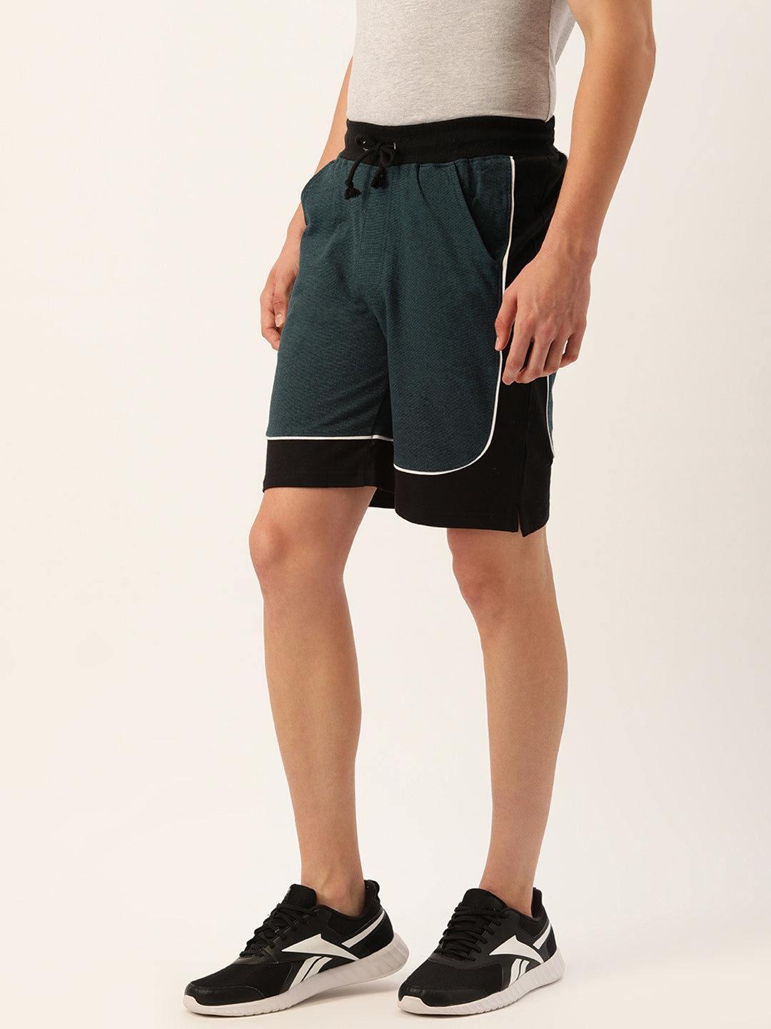 Men Blackteal Casual Terry Curved Side Shorts