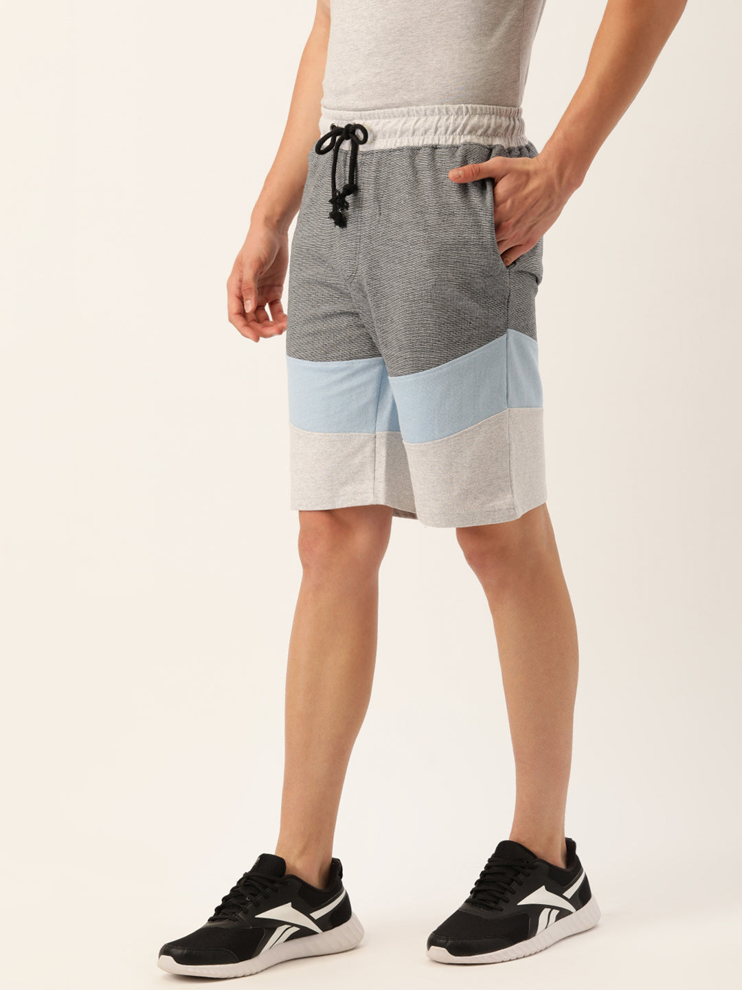 Men Whiteblack Casual Terry Cut & Sew Shorts