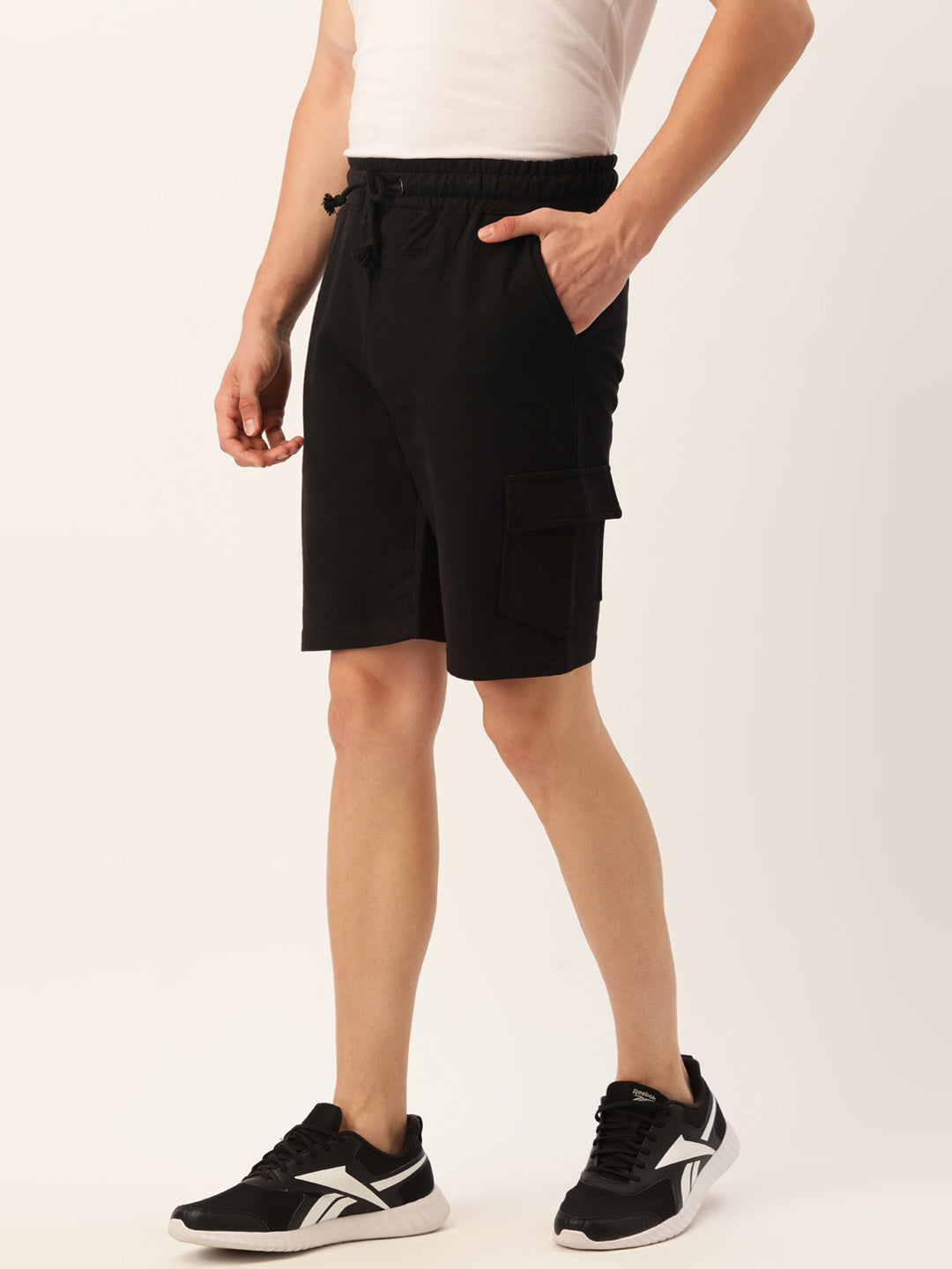 Men Black Casual Terry Cargo Shorts