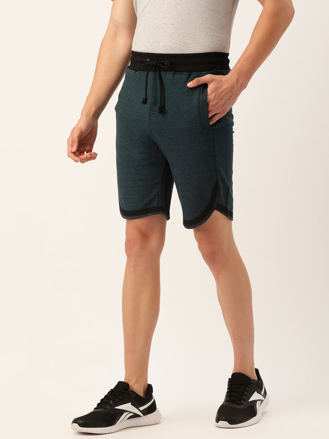 Men BlackTeal Casual Terry Curved Hem Shorts