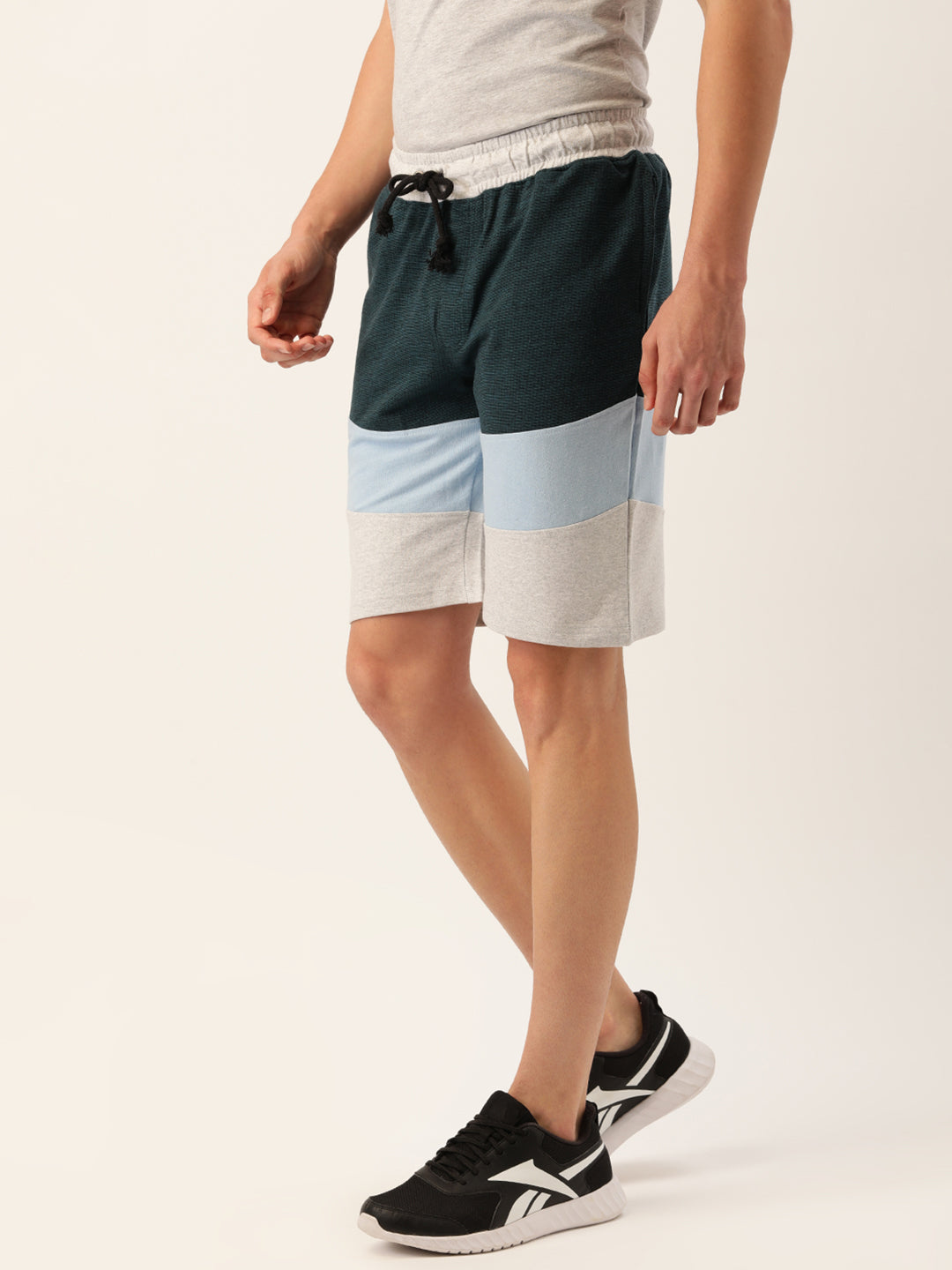 Men Blackteal Casual Terry Cut & Sew Shorts