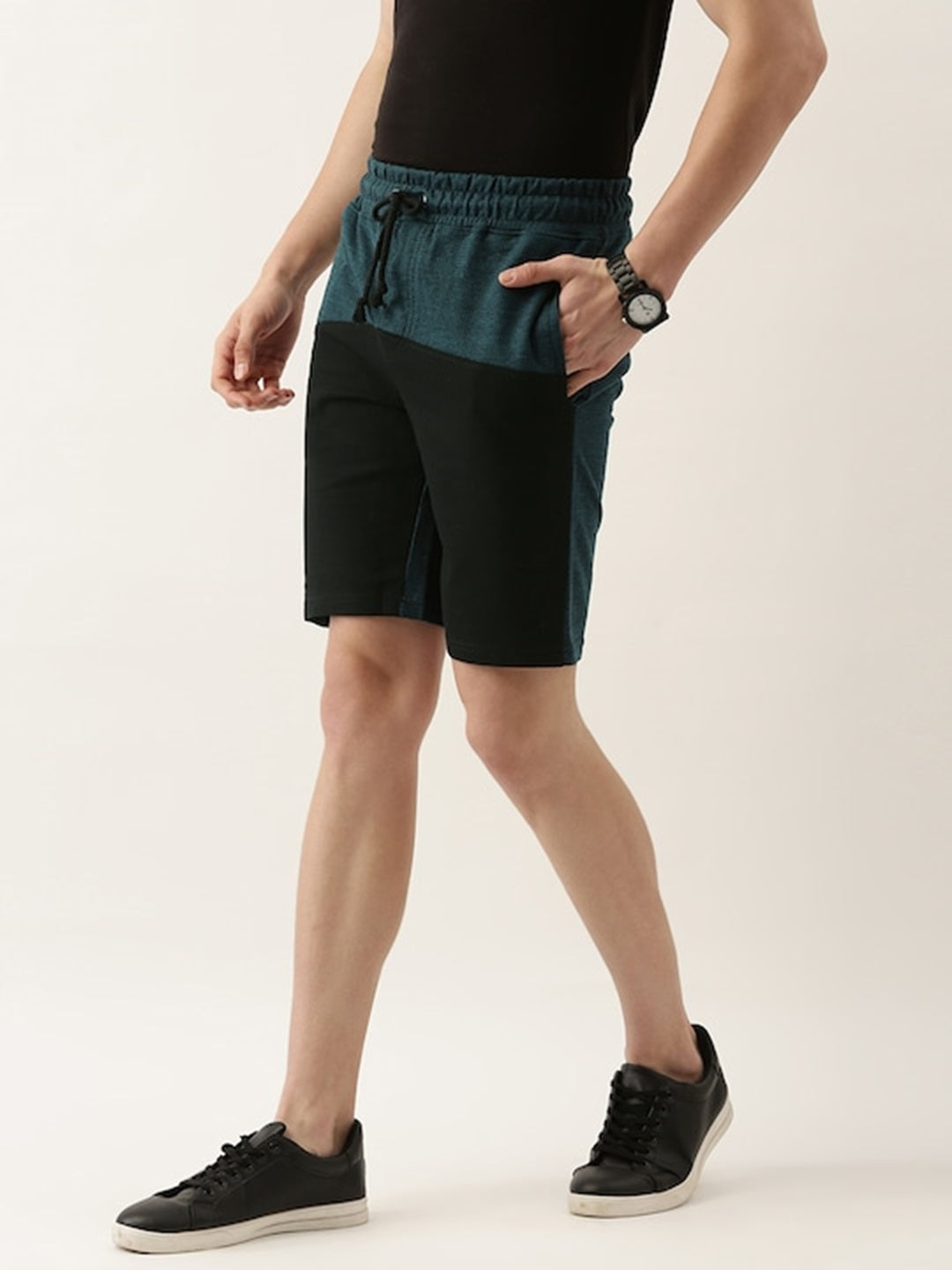 Men Blackteal Casual Terry Colourblocked Shorts