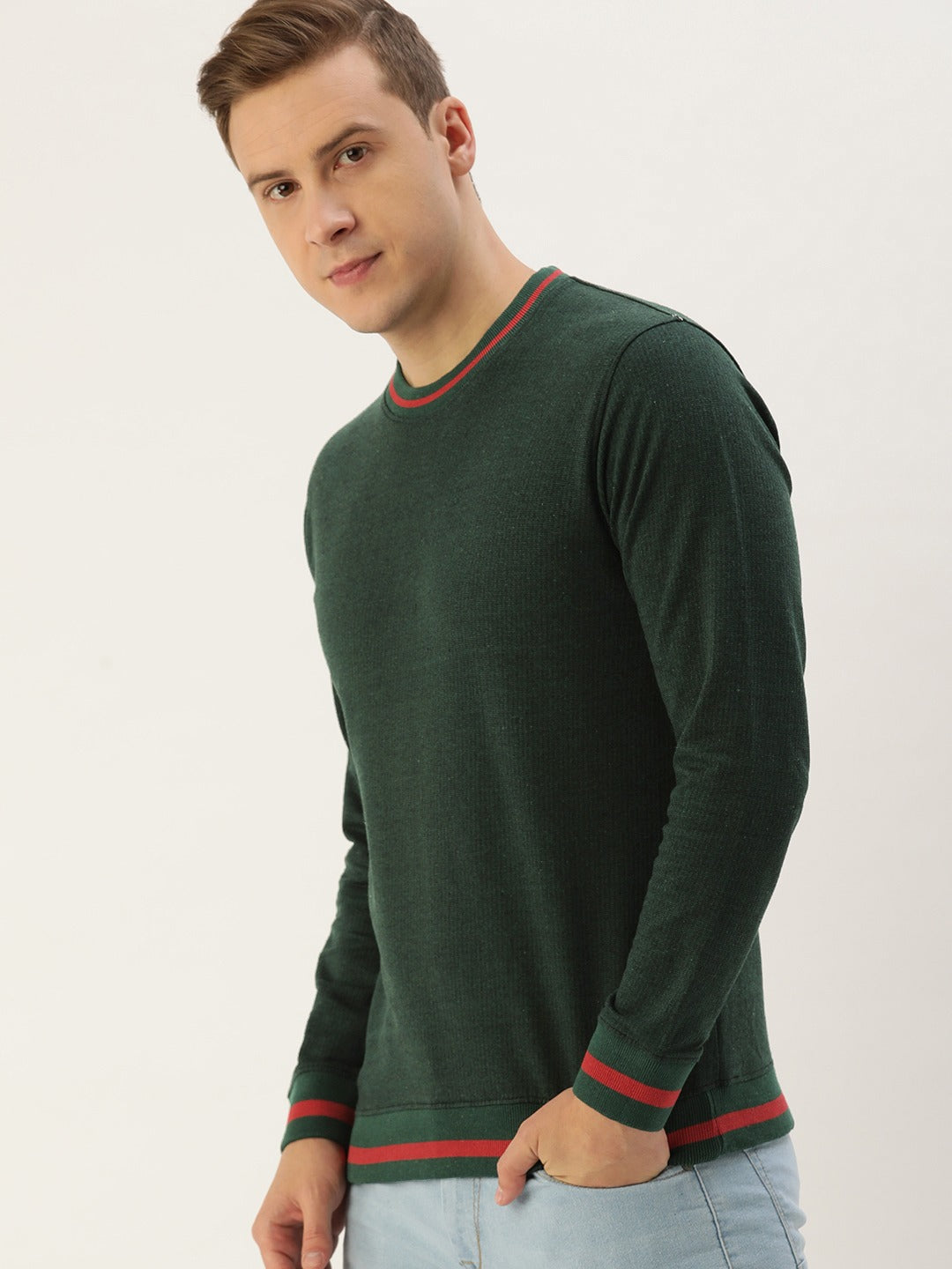 Men Oliveblack Solid Tipping Rib Sweatshirt