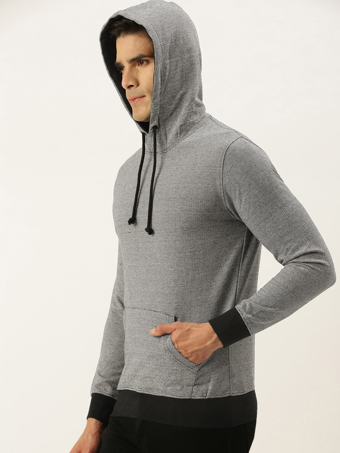 Men Whiteblack Solid Hooded Kangaroo Pocket Sweatshirt