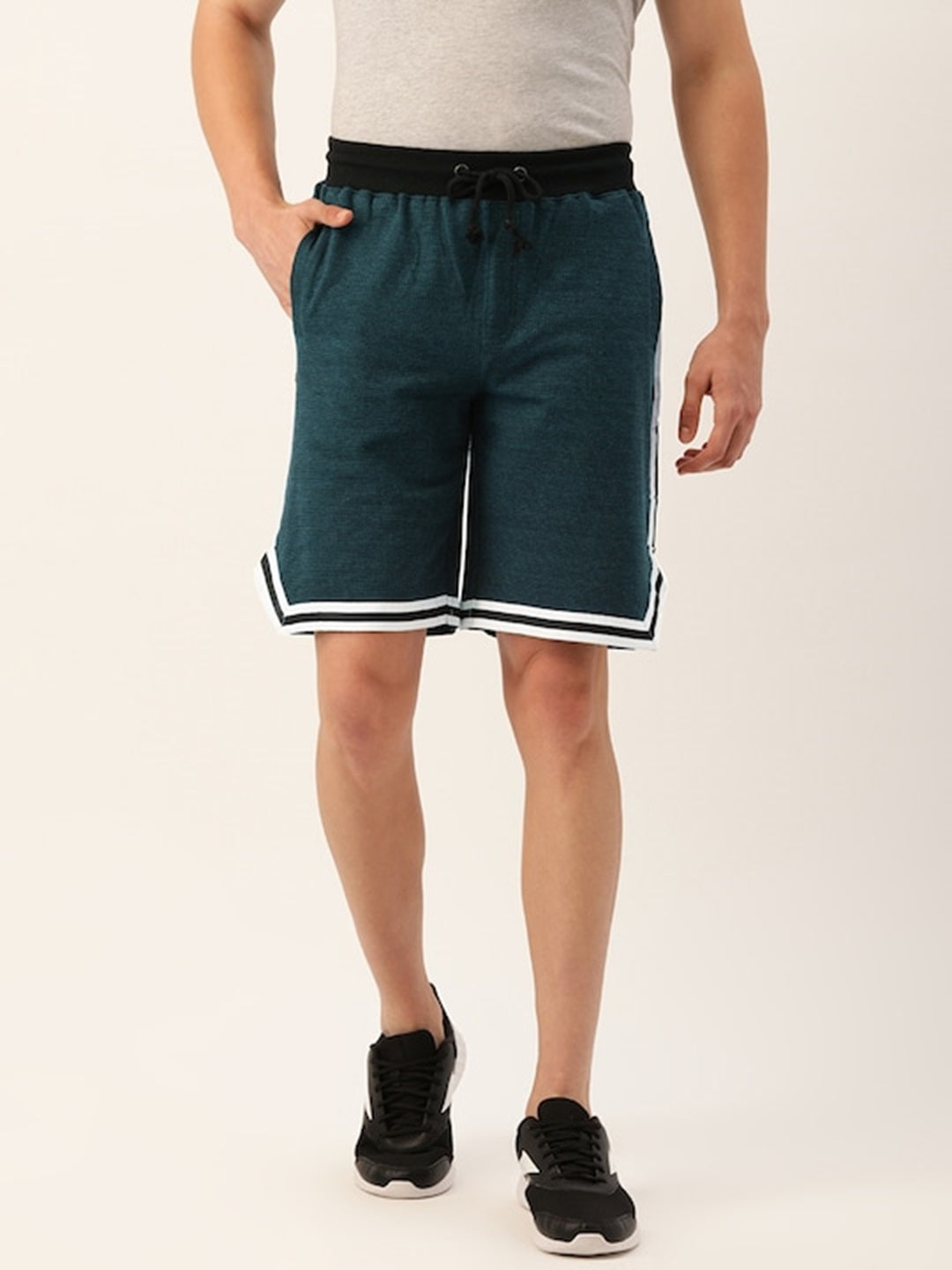 Men Blackteal Casual Terry Ribbon Shorts