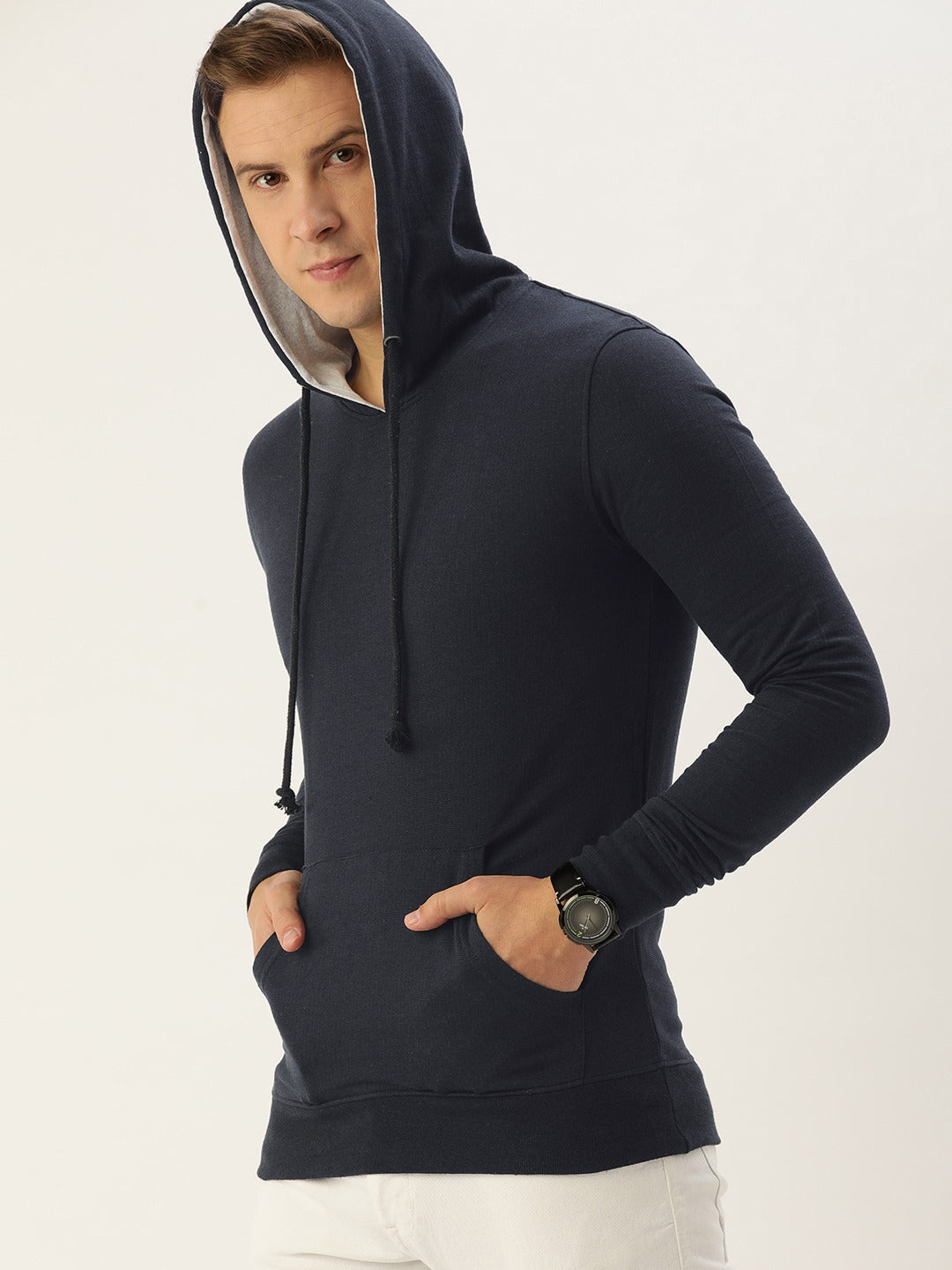 Men Blacknavy Solid Hooded Kangaroo Pocket Sweatshirt