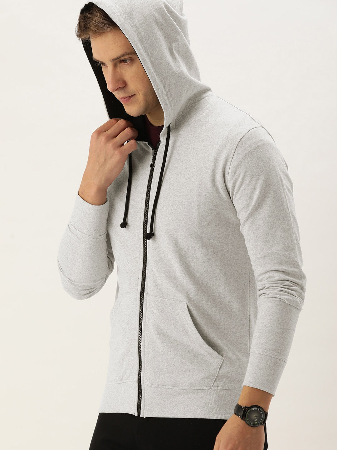 Men White Solid Hooded Sweatshirt