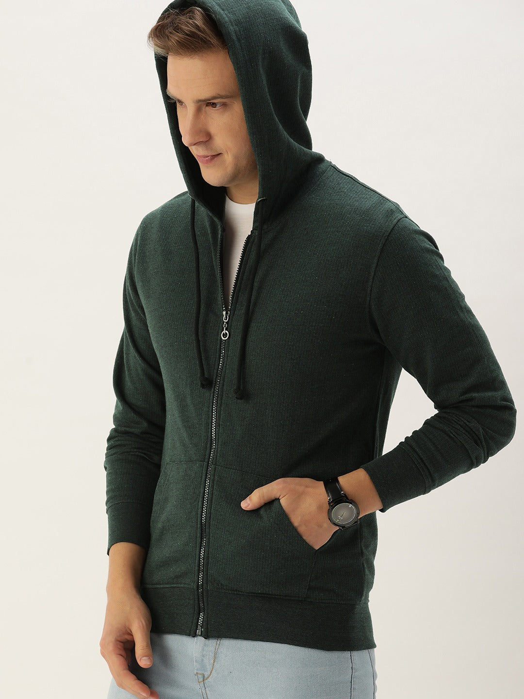 Men Oliveblack Solid Hooded Sweatshirt