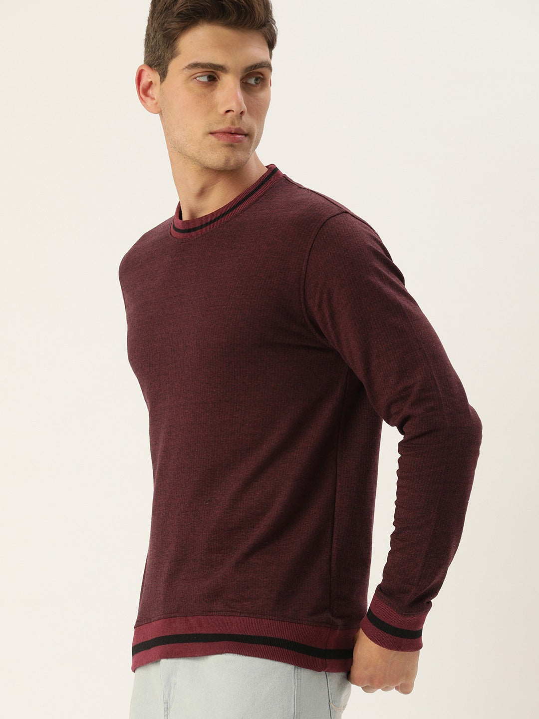 Men Blackwine Solid Tipping Rib Sweatshirt