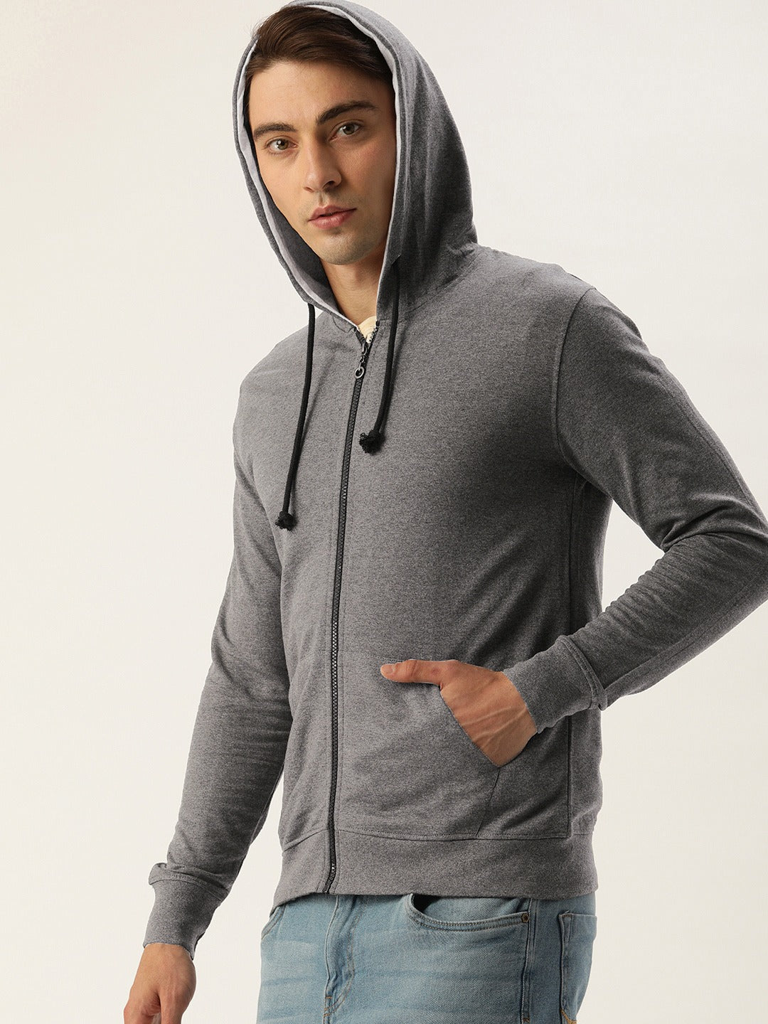 Men Melange Solid Hooded Sweatshirt