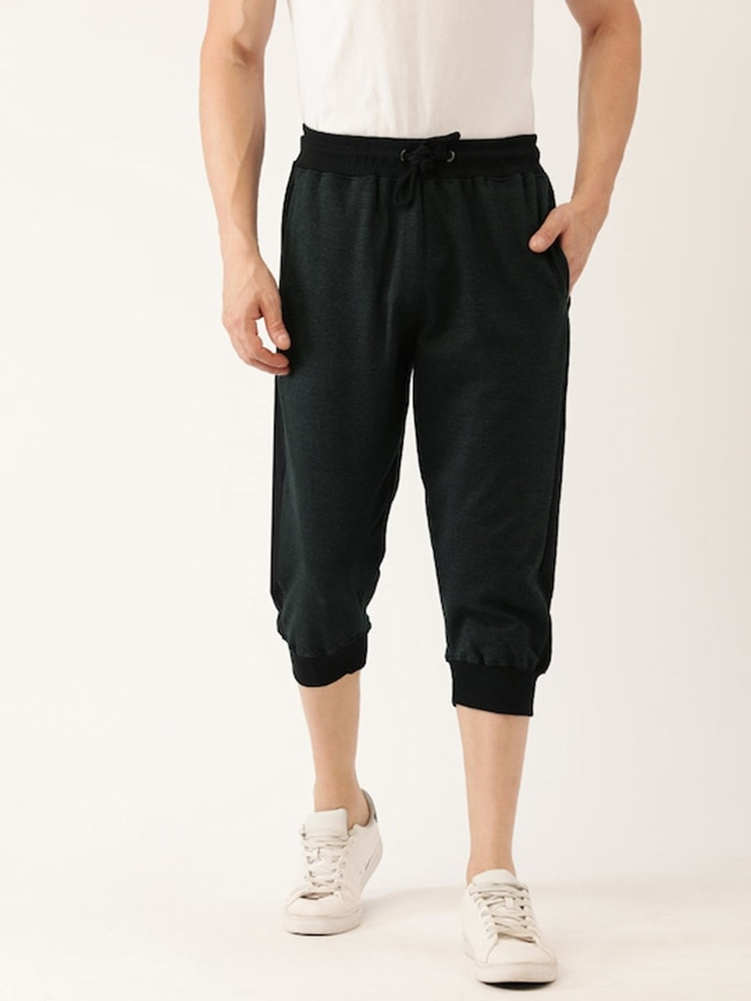 Men Oliveblack Casual Terry Side Panel 3/4th Shorts