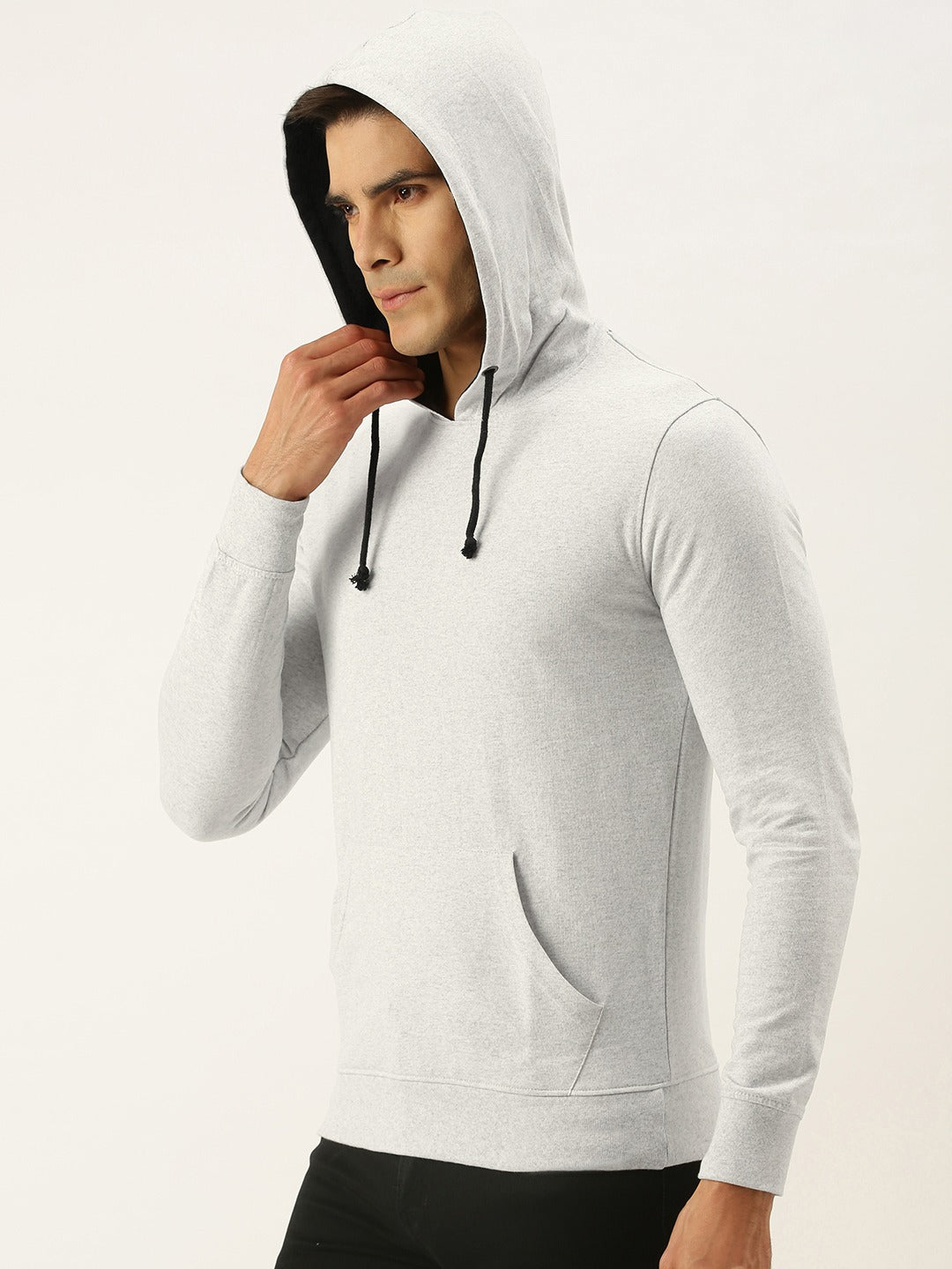 Men White Solid Hooded Kangaroo Pocket Sweatshirt