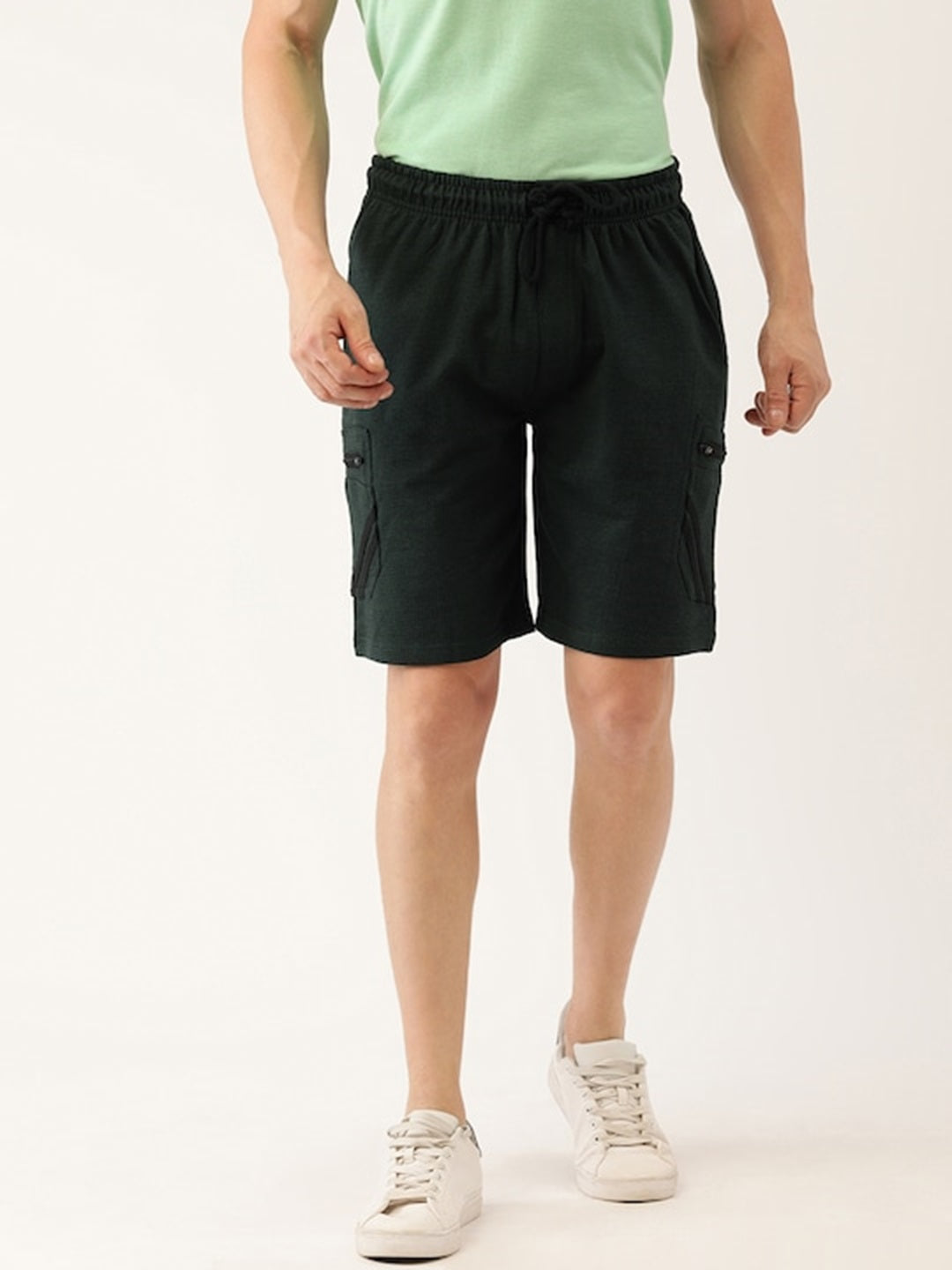 Men Olive Casual Terry Cargo Shorts