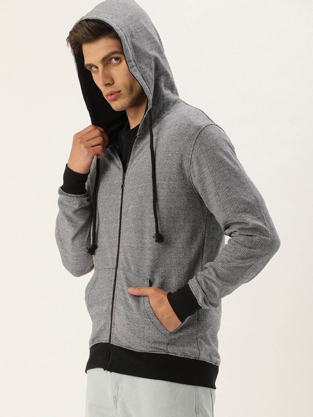 Men Whiteblack Solid Hooded Sweatshirt