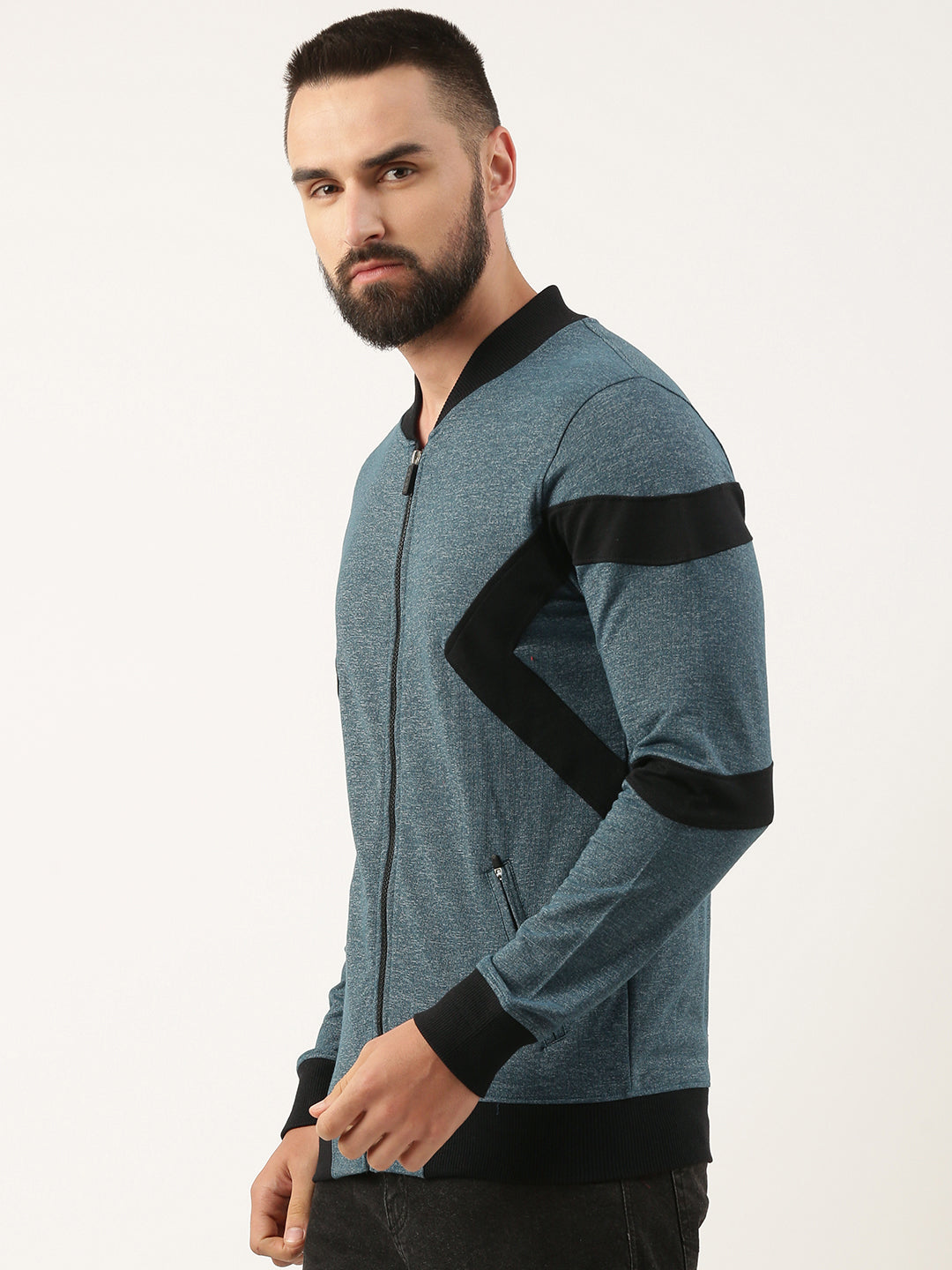 Men Teal Cut & Sew Zipper Sweatshirt