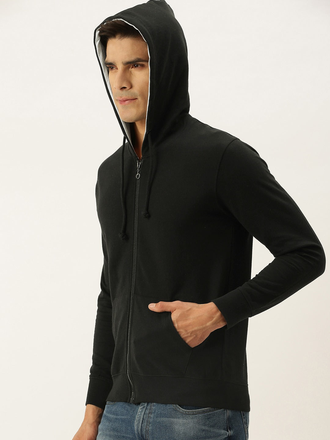 Men Black Solid Hooded Sweatshirt