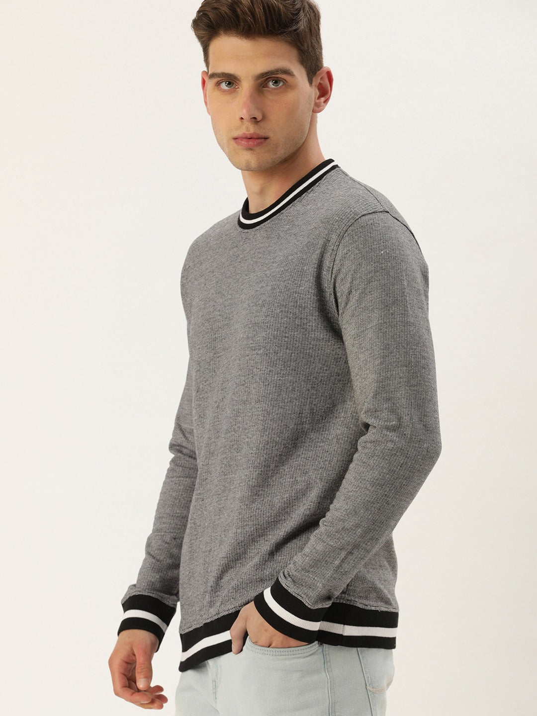 Men Whiteblack Solid Tipping Rib Sweatshirt