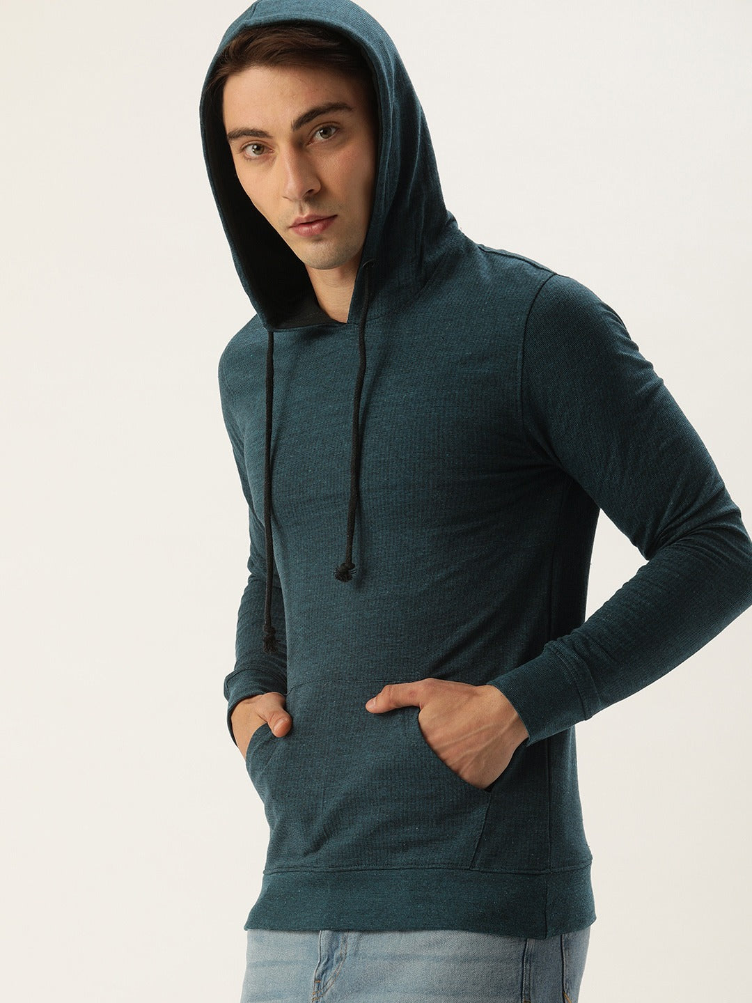 Men Blackteal Solid Hooded Kangaroo Pocket Sweatshirt