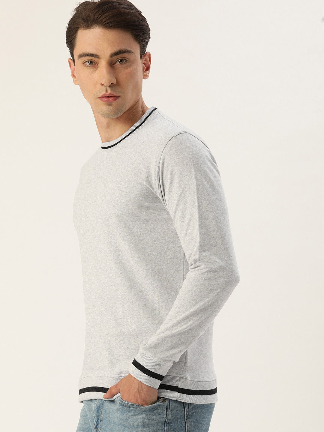 Men White Solid Tipping Rib Sweatshirt