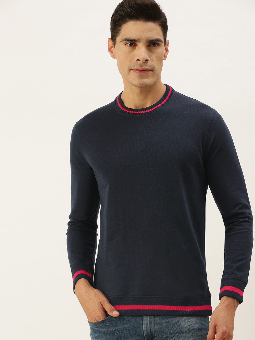 Men Blacknavy Solid Tipping Rib Sweatshirt