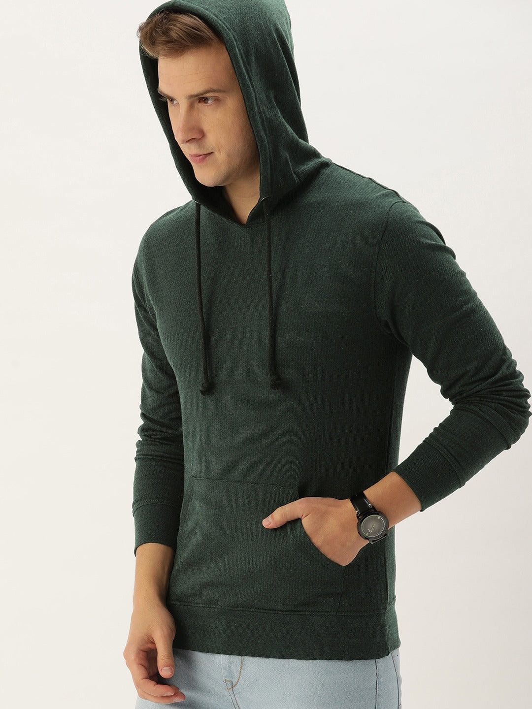 Men Oliveblack Solid Hooded Kangaroo Pocket Sweatshirt