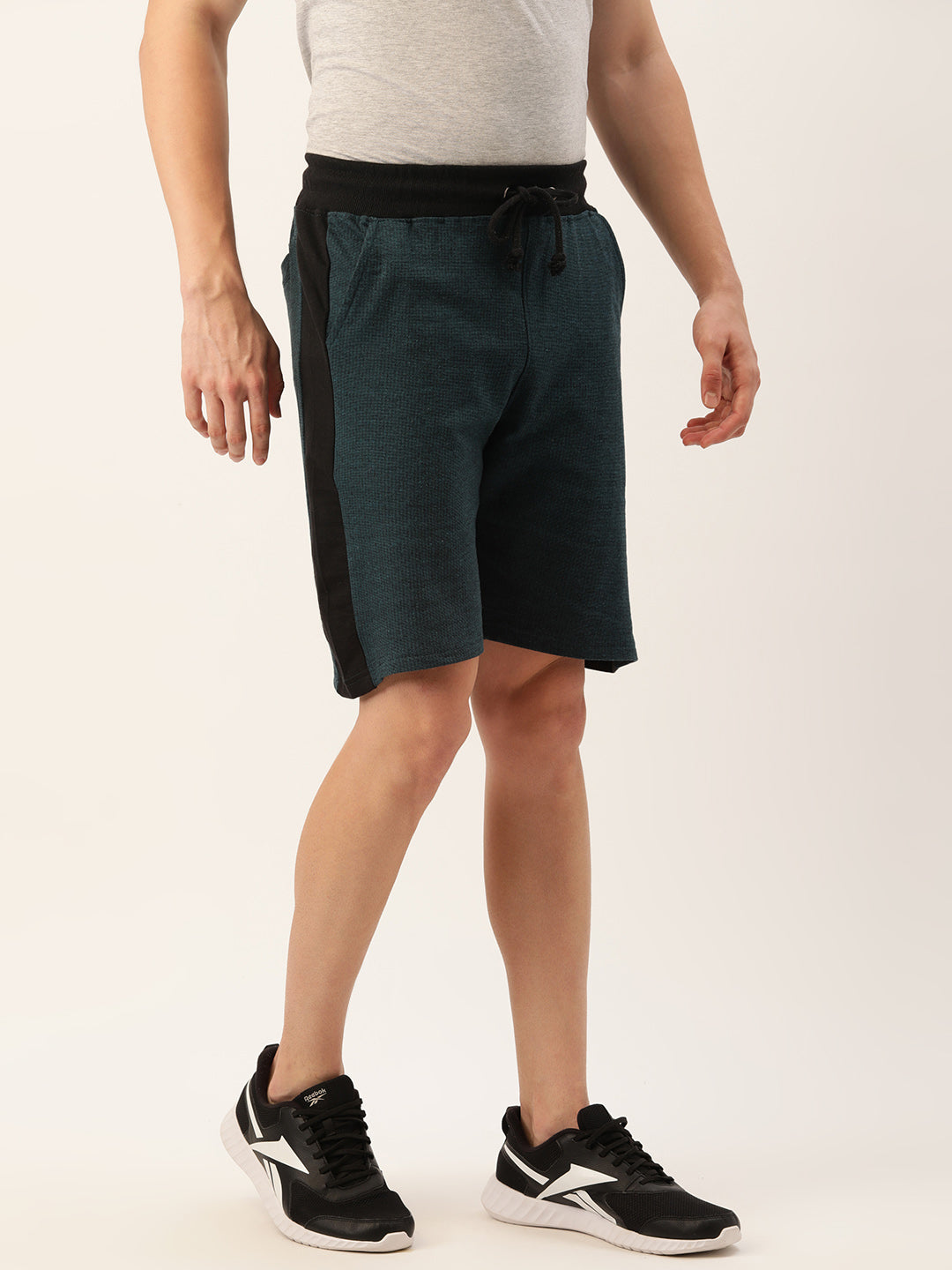 Men Balckteal Casual Terry Side Panel Shorts