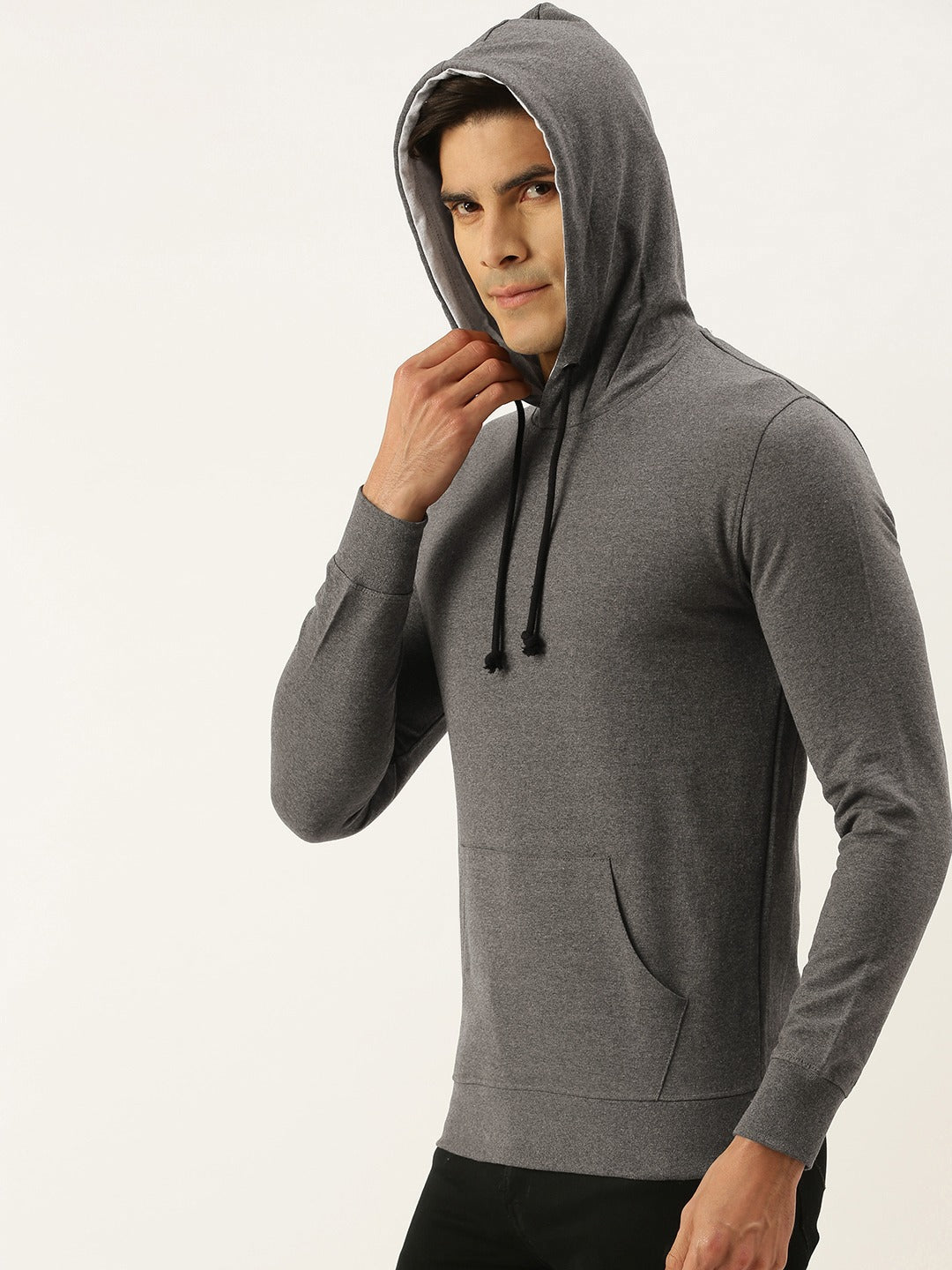 Men Melange Solid Hooded Kangaroo Pocket Sweatshirt