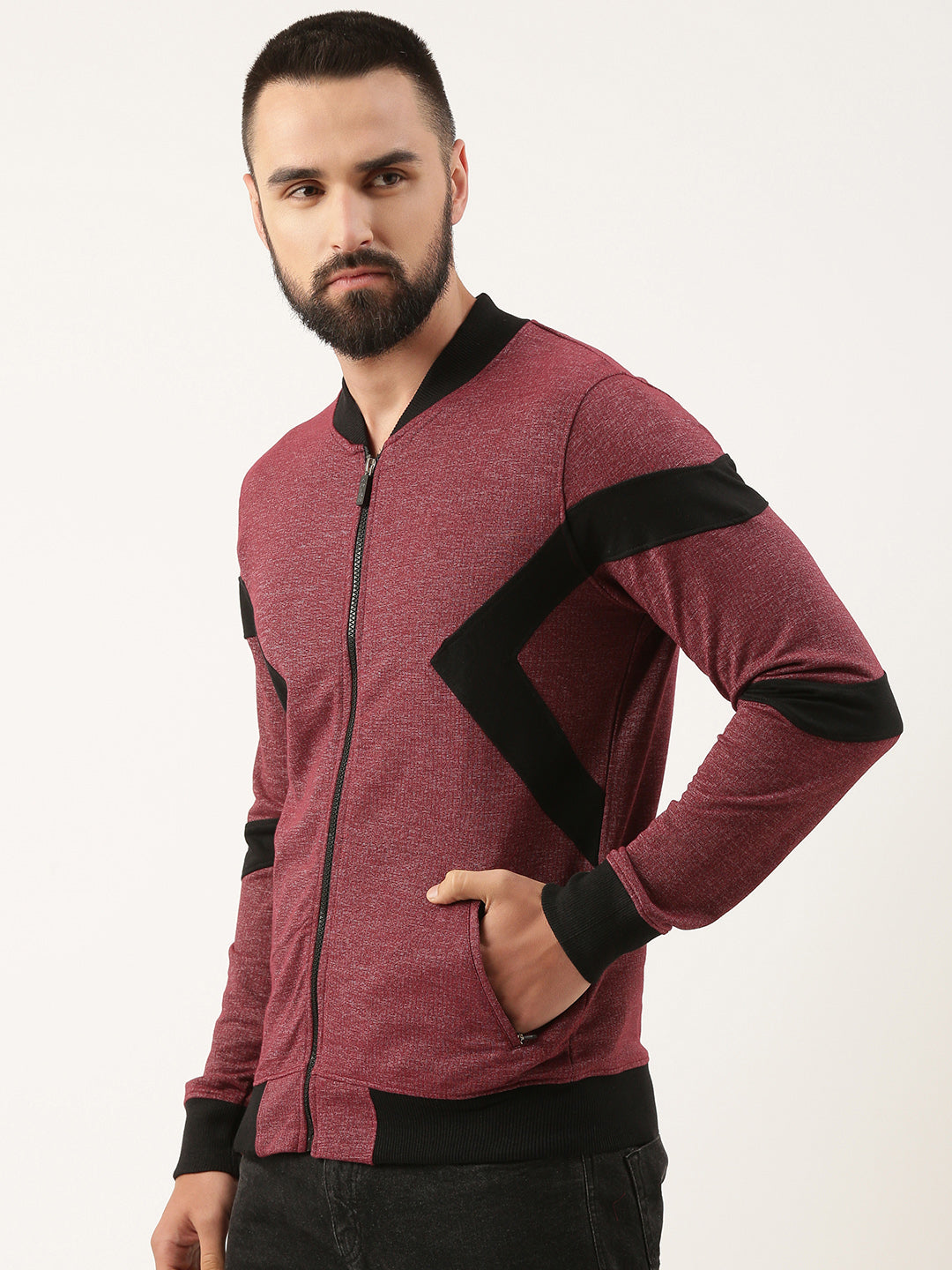 Men Wine Cut & Sew Zipper Sweatshirt