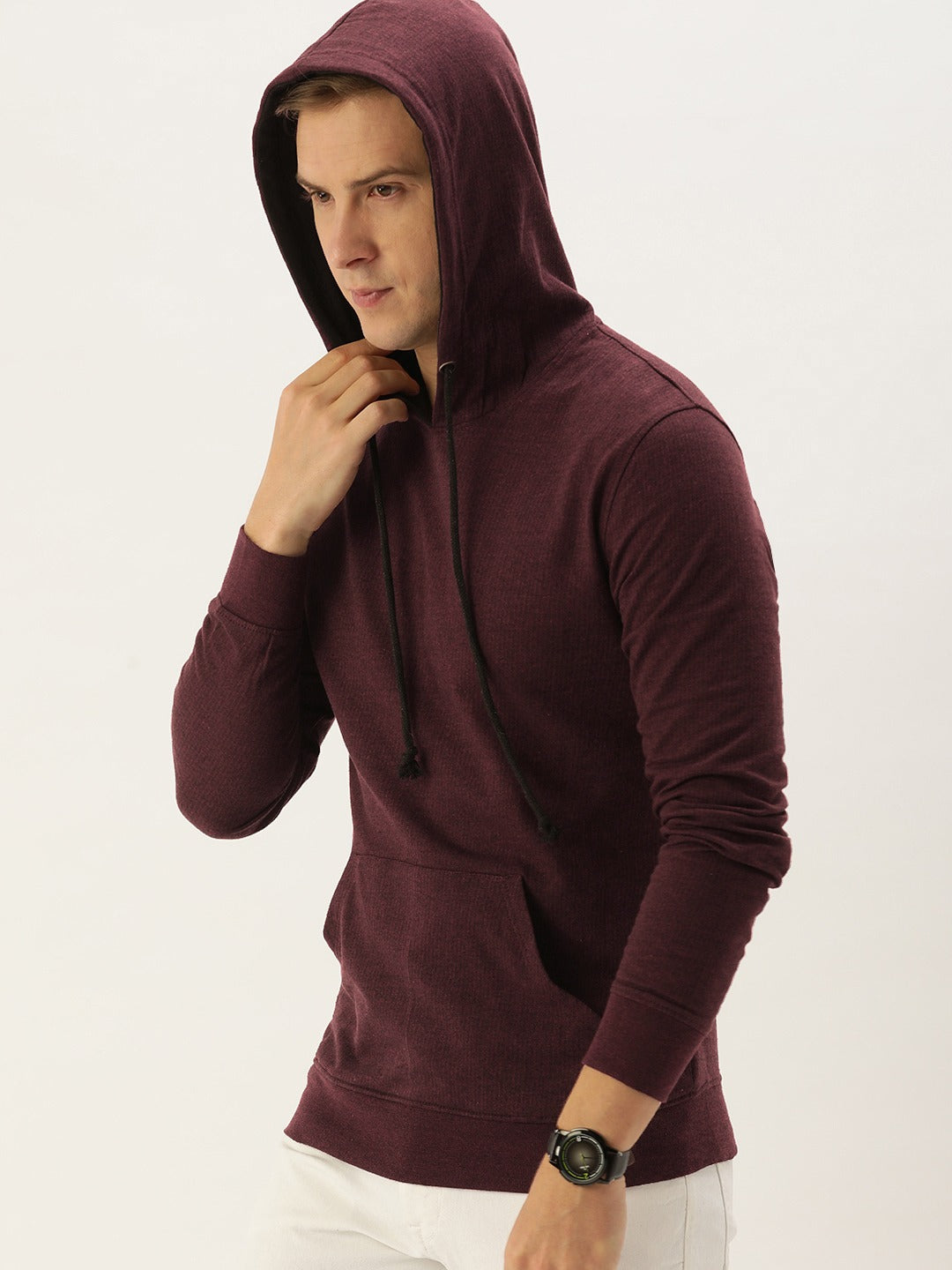 Men Blackwine Solid Hooded Kangaroo Pocket Sweatshirt