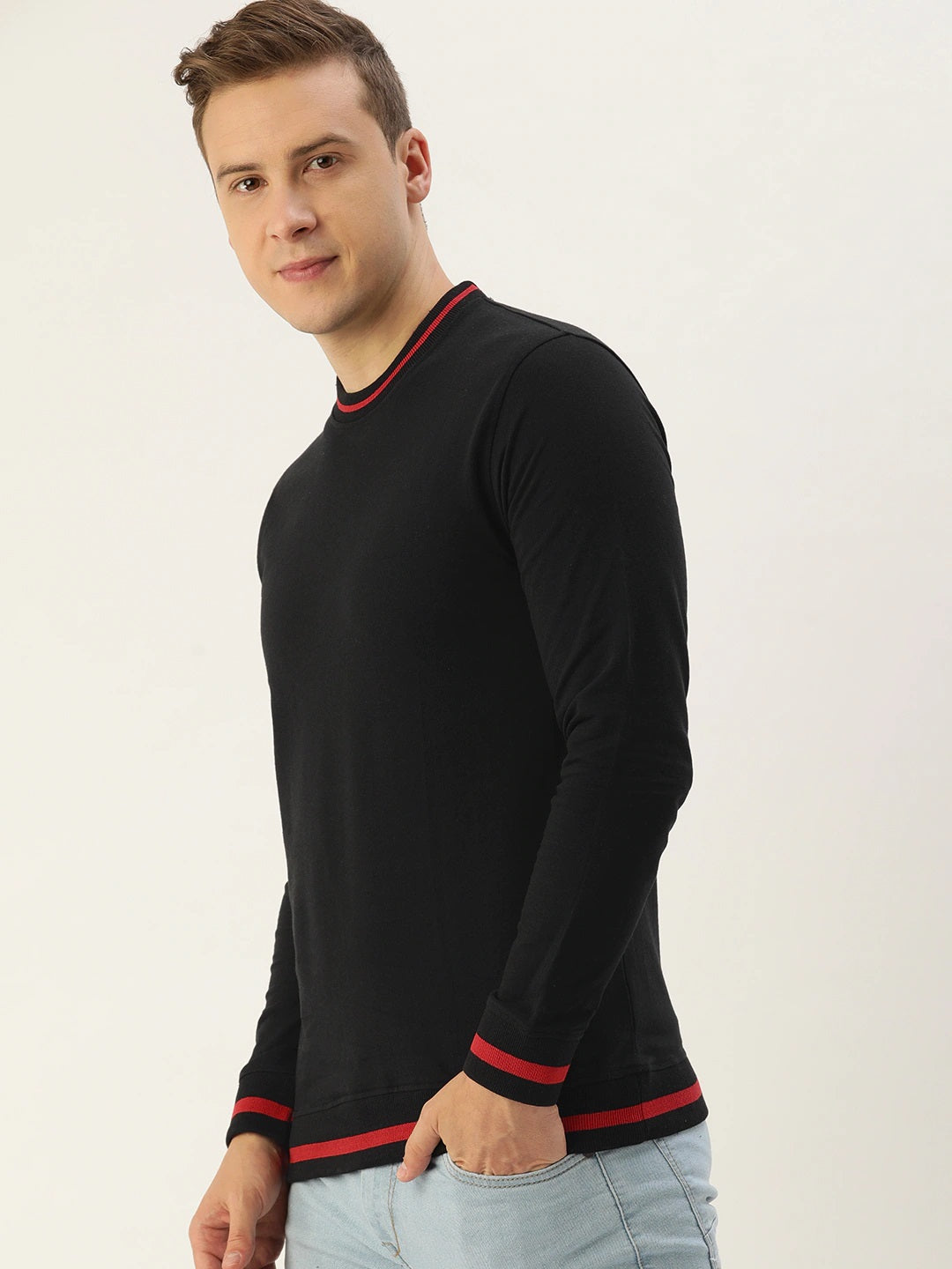 Men Black Solid Tipping Rib Sweatshirt