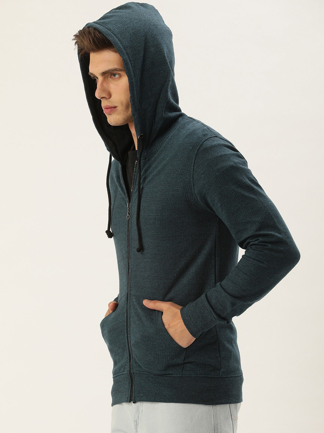 Men Blackteal Solid Hooded Sweatshirt