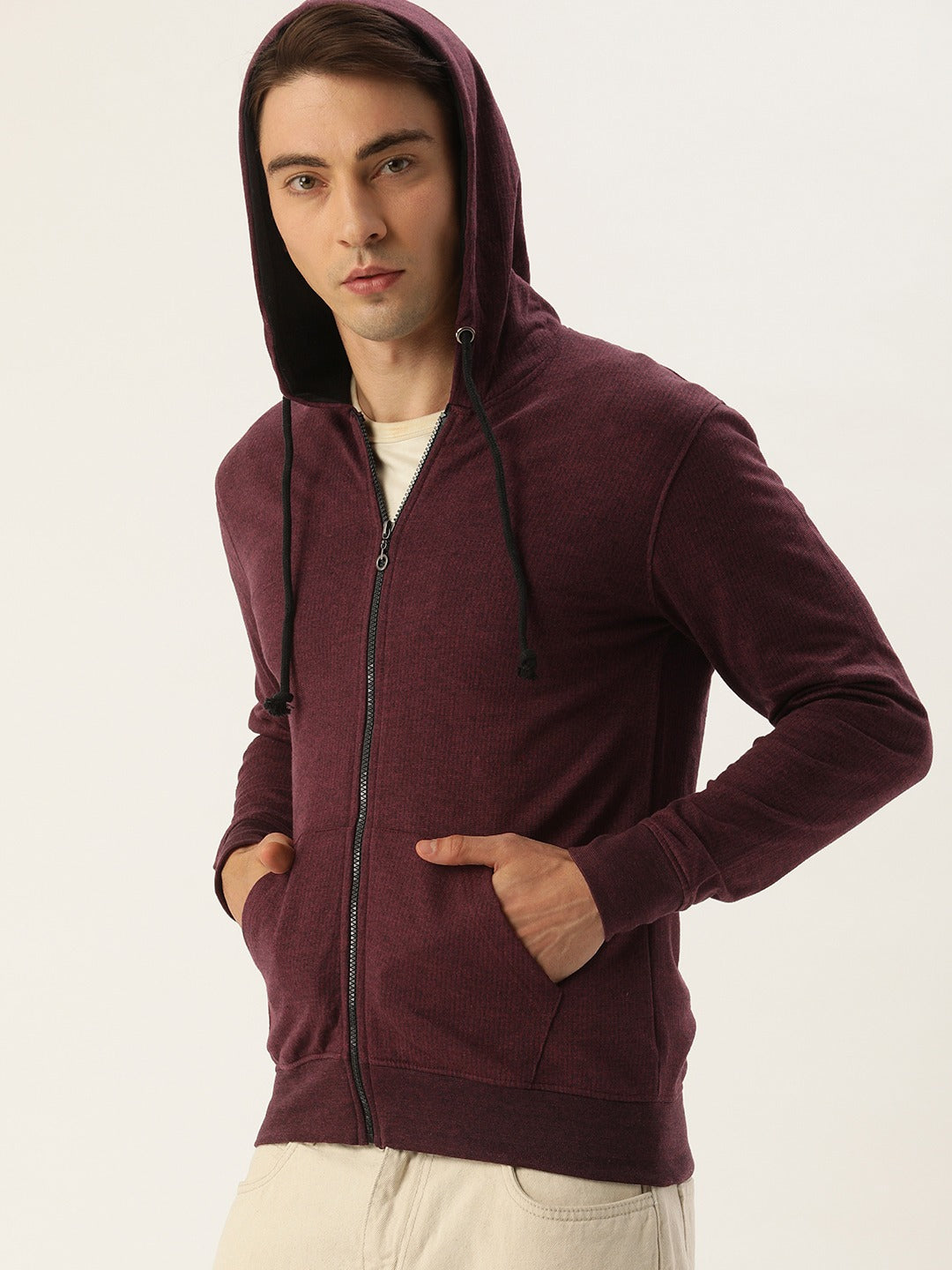 Men Blackwine Solid Hooded Sweatshirt