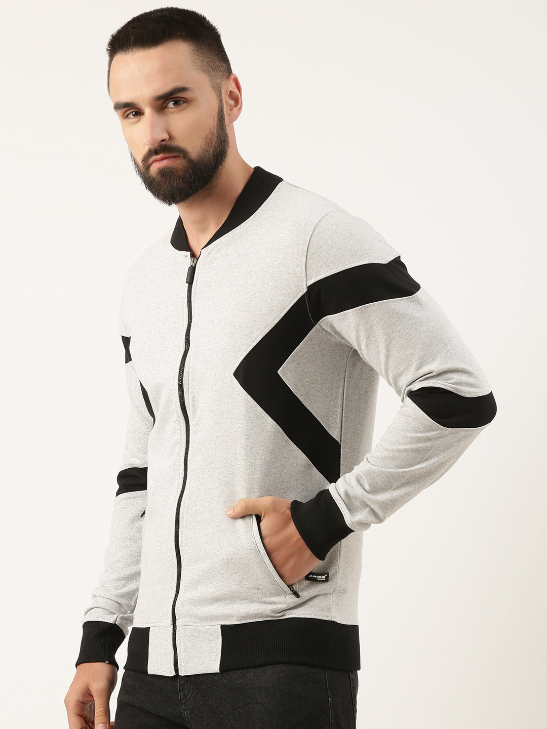 Men White Cut & Sew Zipper Sweatshirt