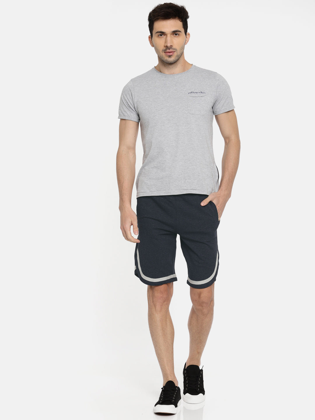 Men BlackNavy Casual Terry Curved Hem Shorts