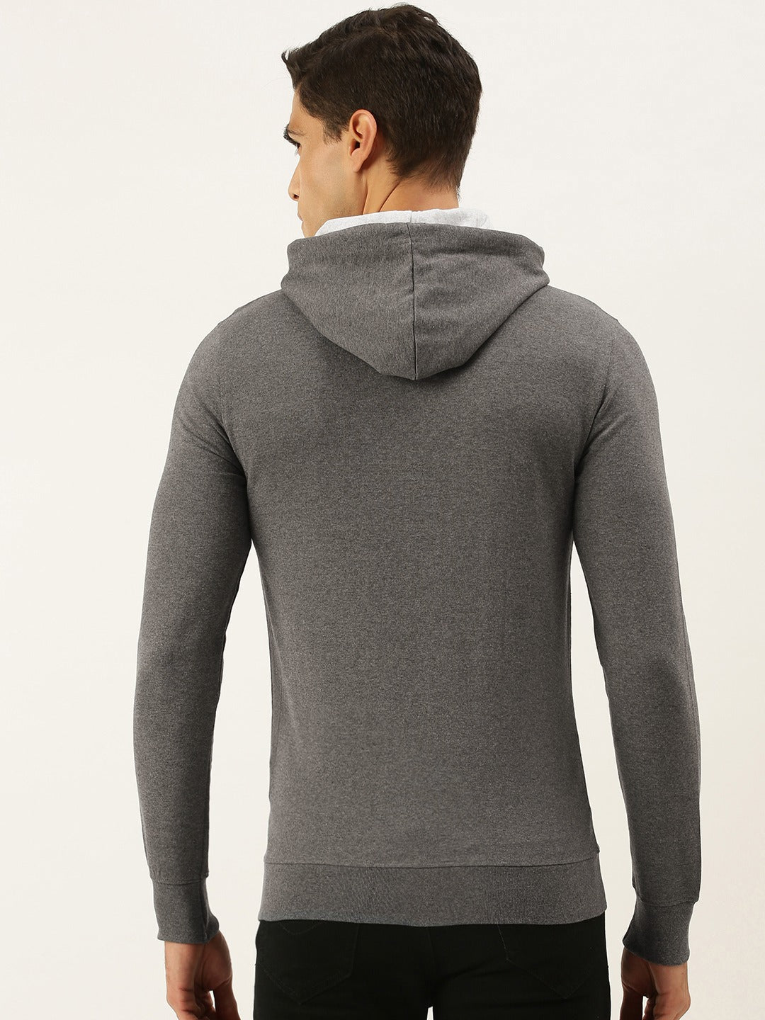 Men Melange Solid Hooded Kangaroo Pocket Sweatshirt