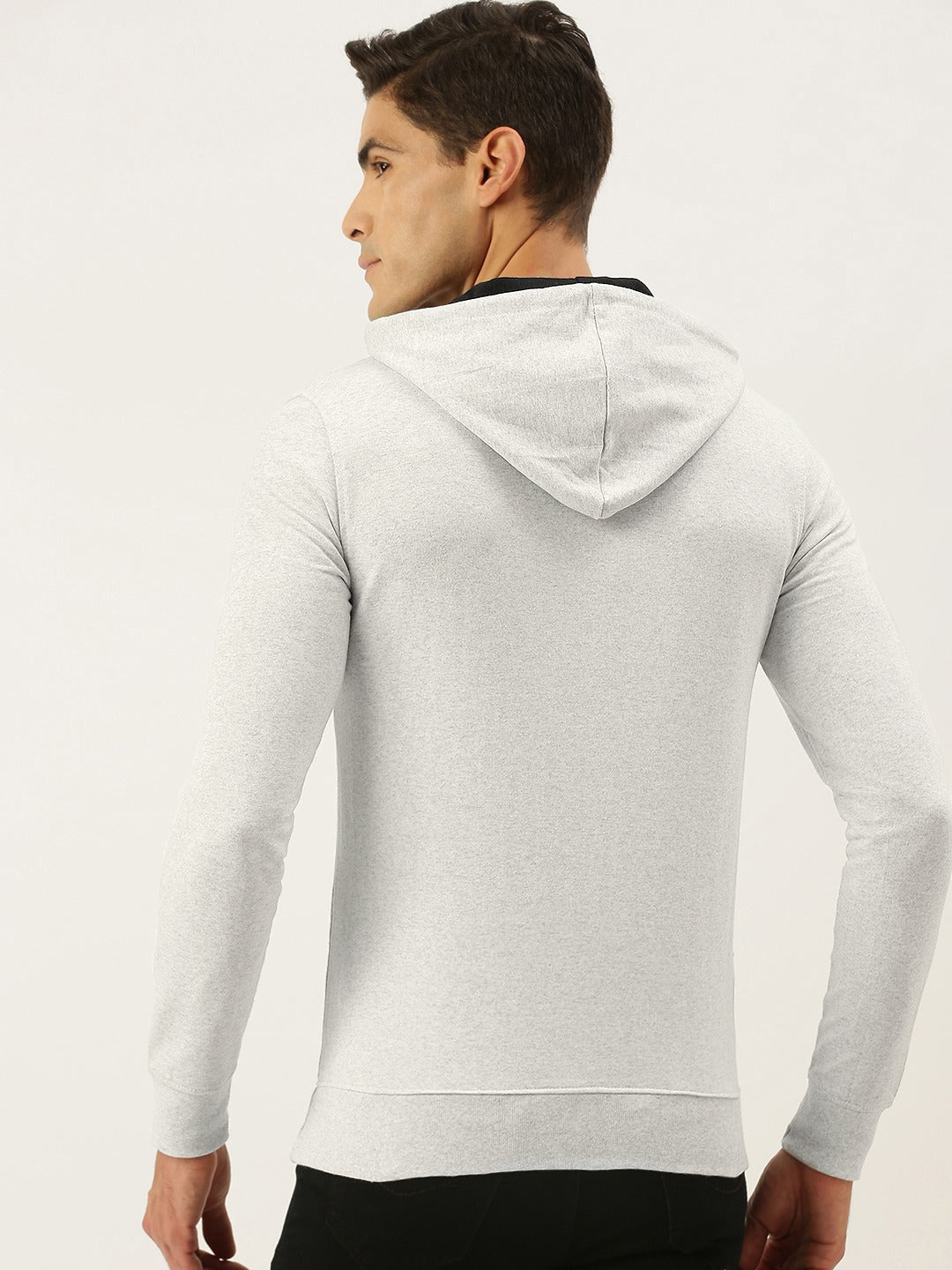 Men White Solid Hooded Kangaroo Pocket Sweatshirt