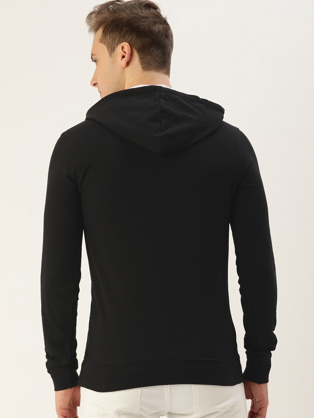 Men Black Solid Hooded Kangaroo Pocket Sweatshirt