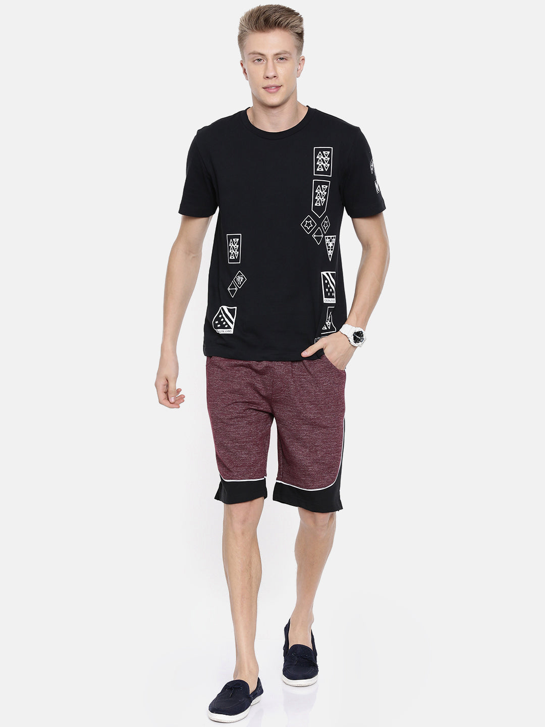 Men Wine Casual Terry Curved Side Shorts