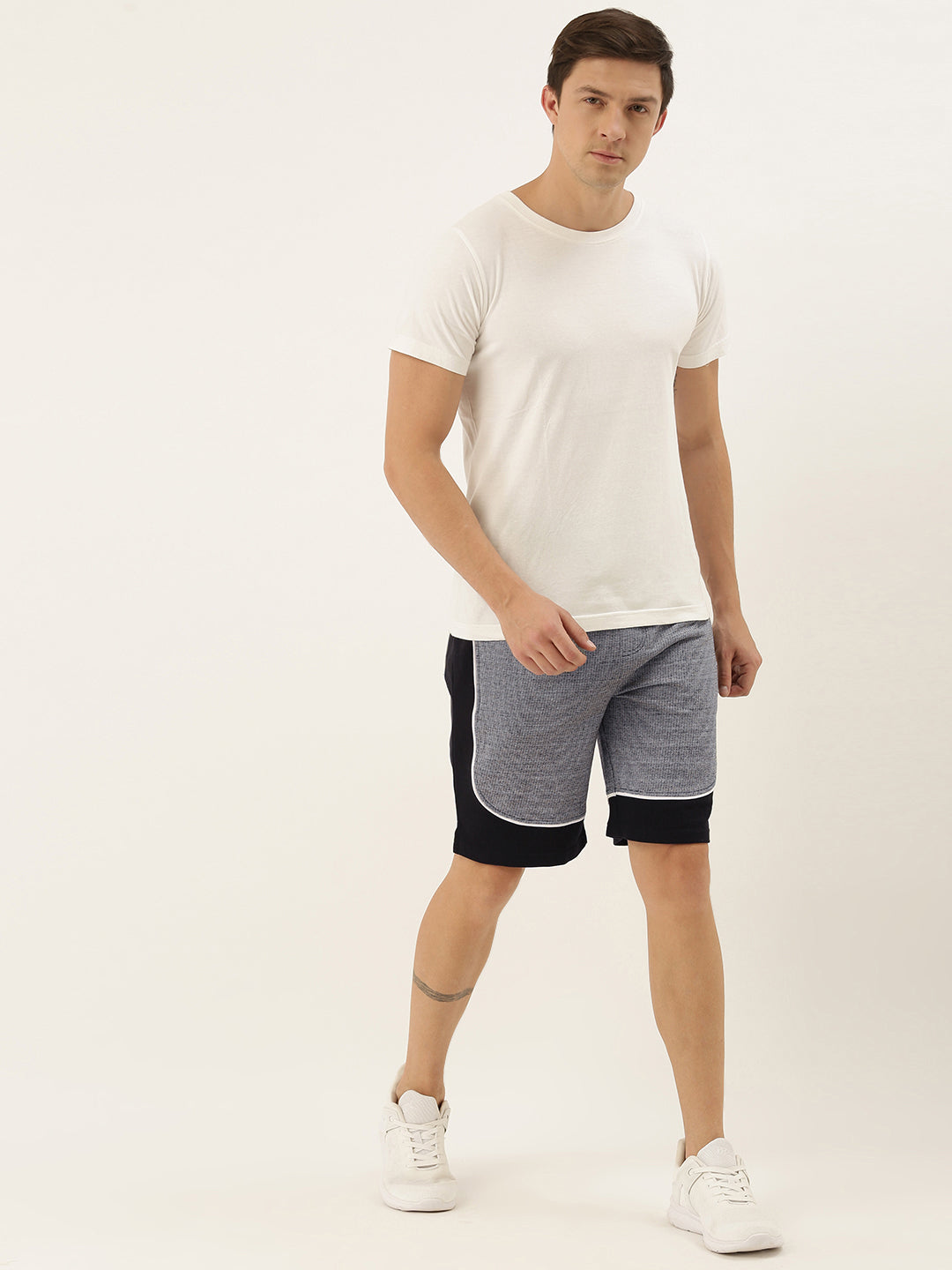 Men Whiteblack Casual Terry Curved Side Shorts