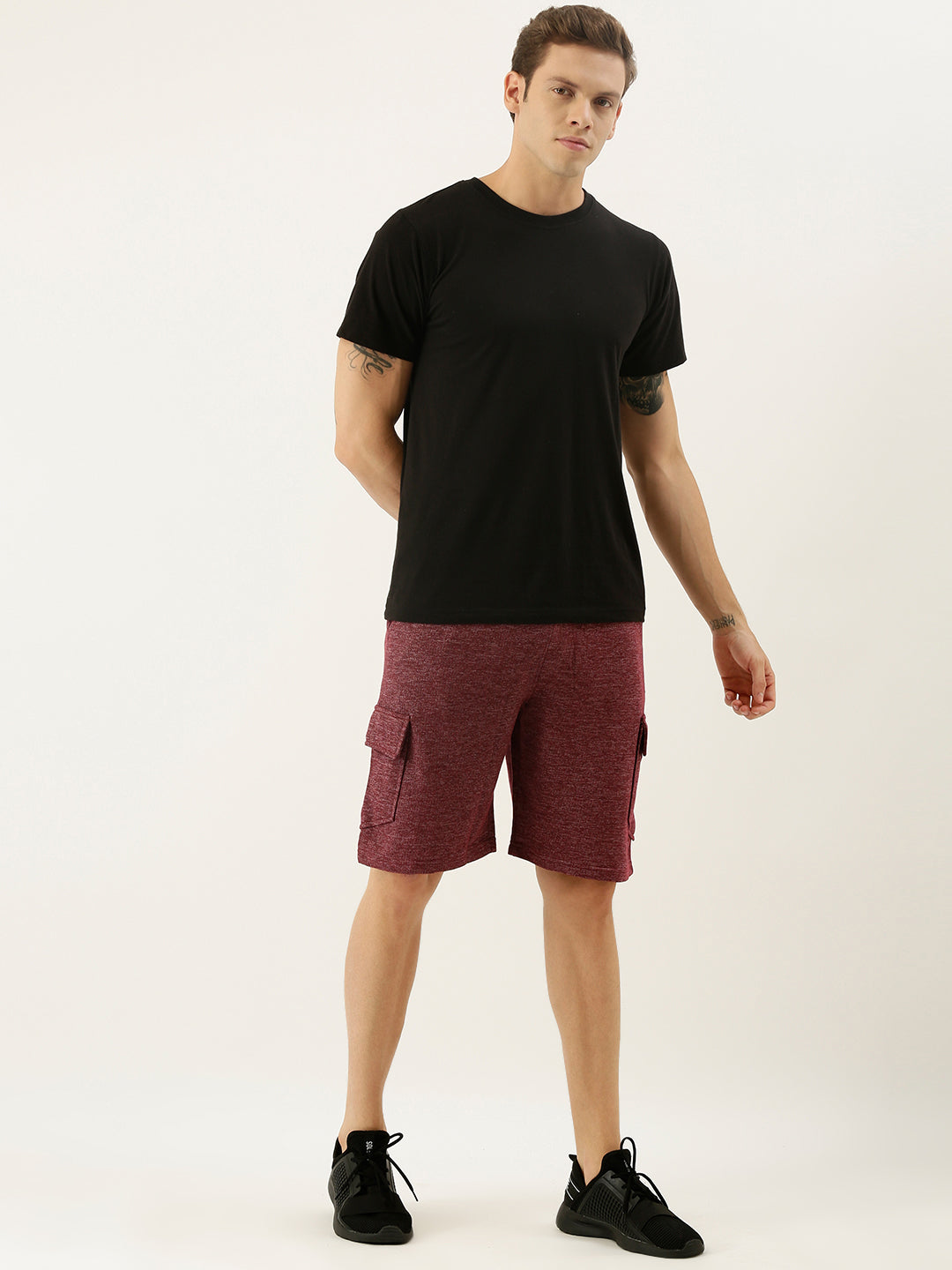 Men Wine Casual Terry Cargo Shorts