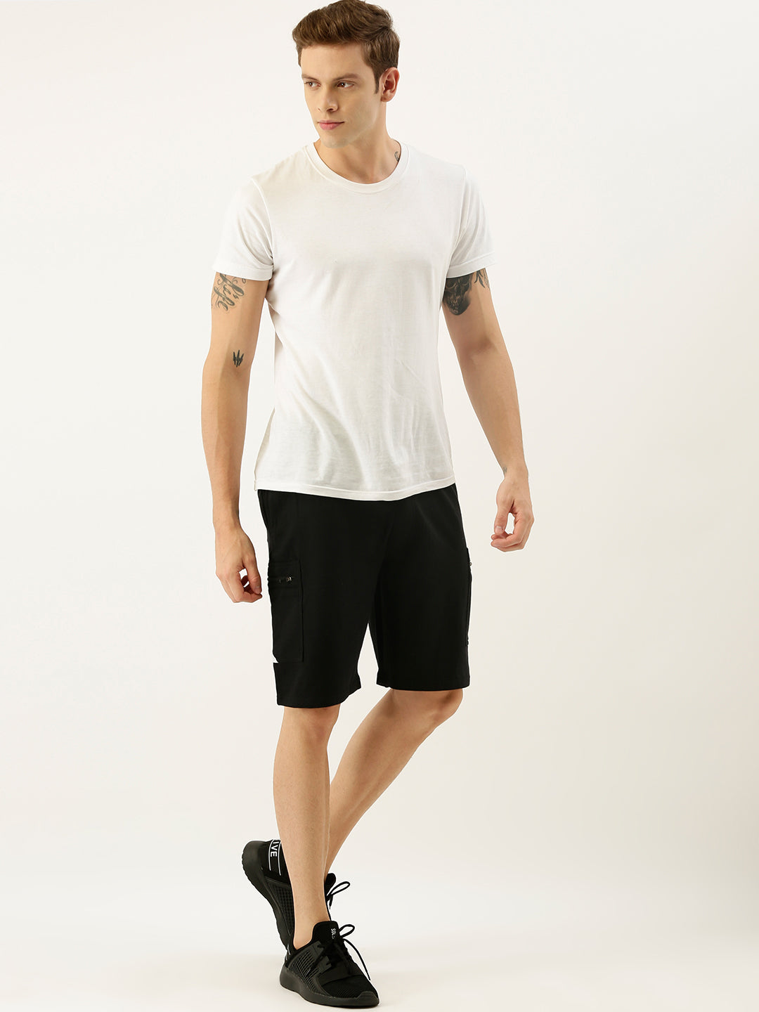 Men Black Casual Terry Cargo Shorts