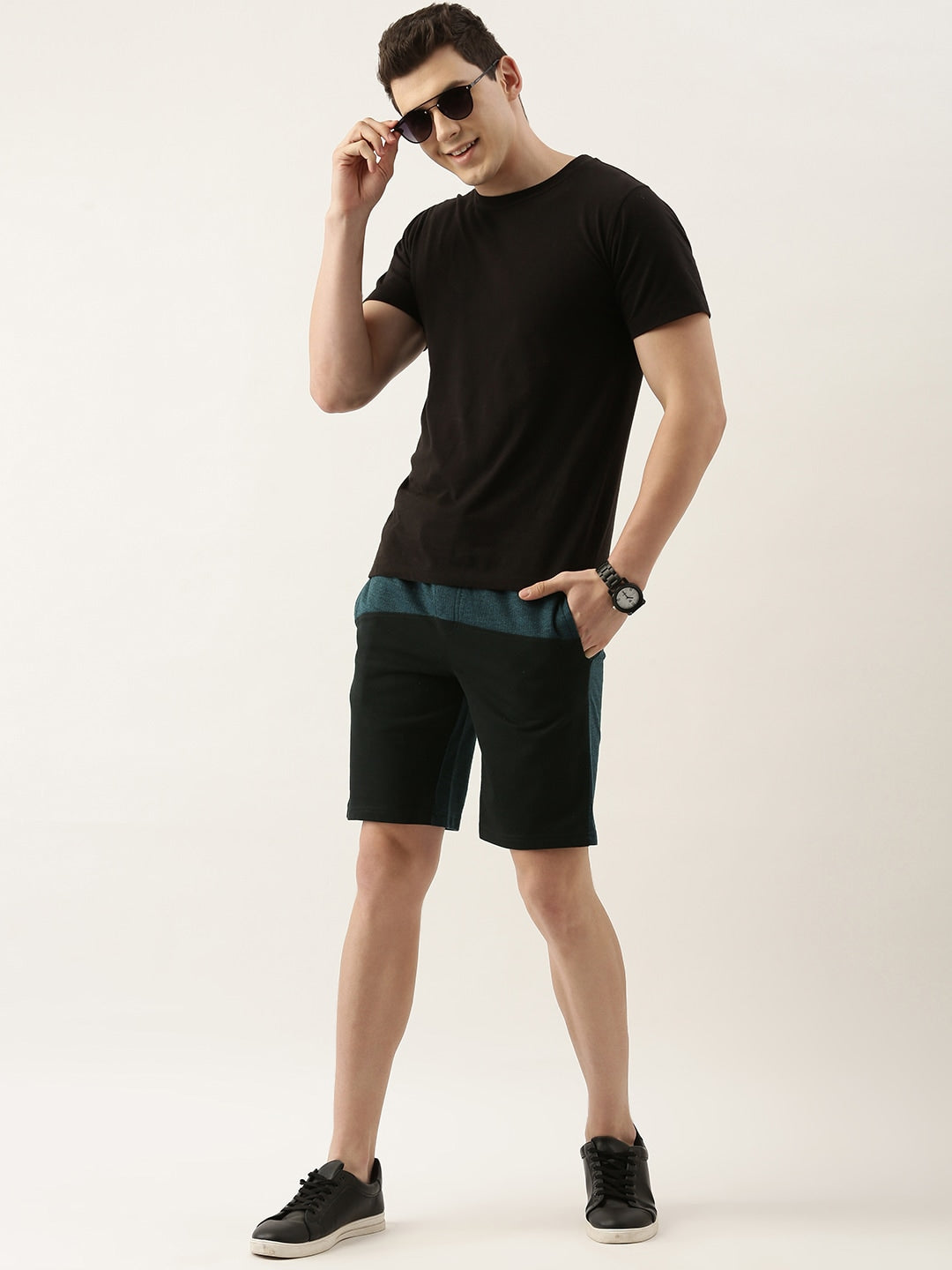 Men Blackteal Casual Terry Colourblocked Shorts