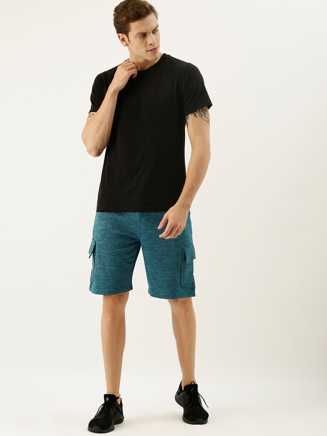 Men Teal Casual Terry Cargo Shorts