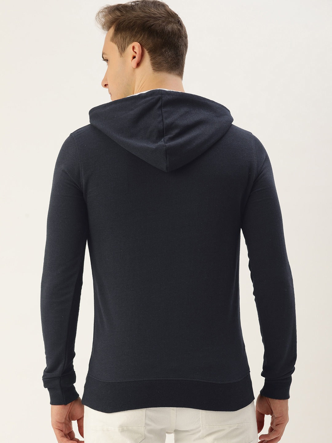 Men Blacknavy Solid Hooded Kangaroo Pocket Sweatshirt