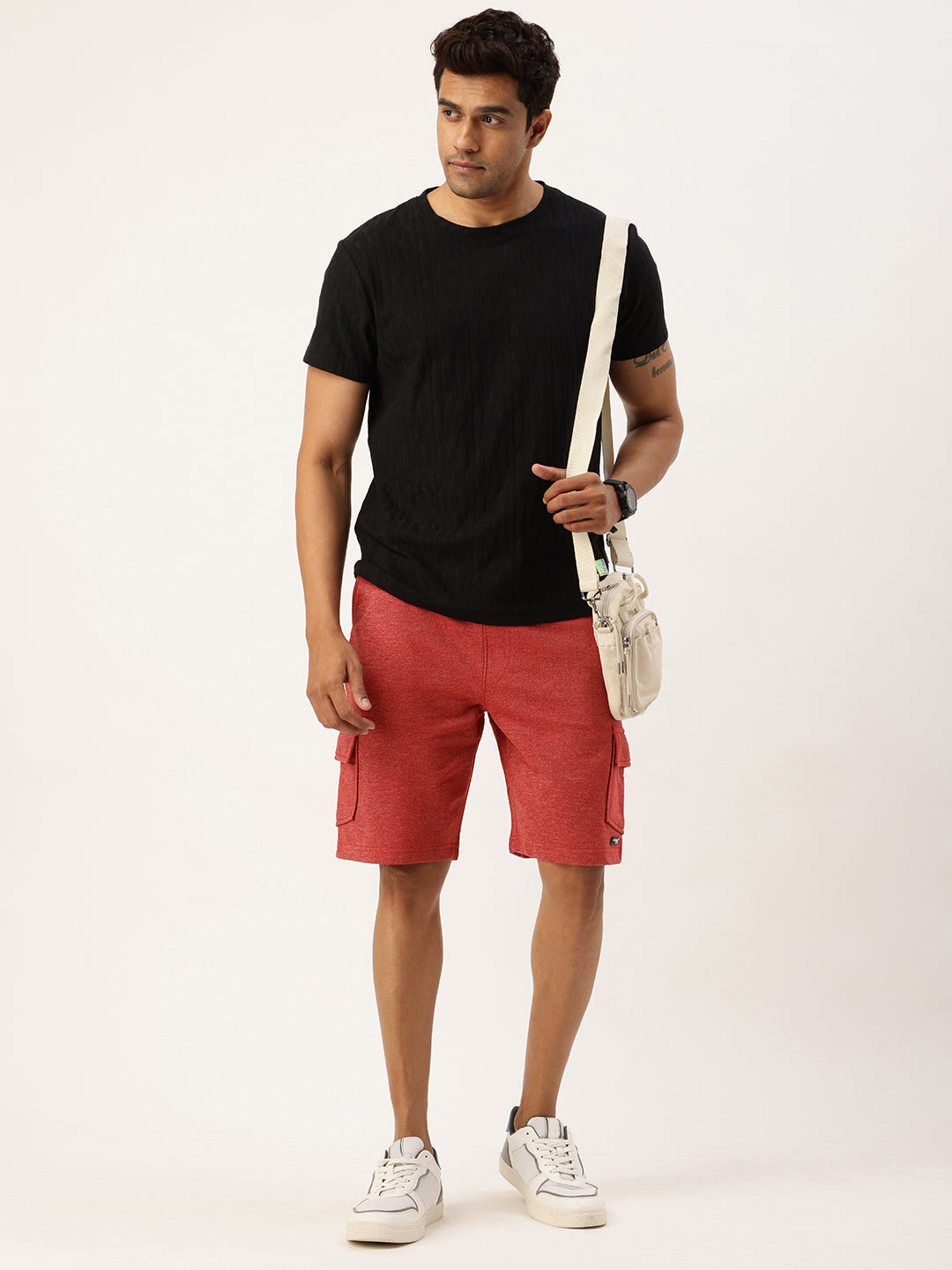 Men Red Casual Terry Cargo Shorts