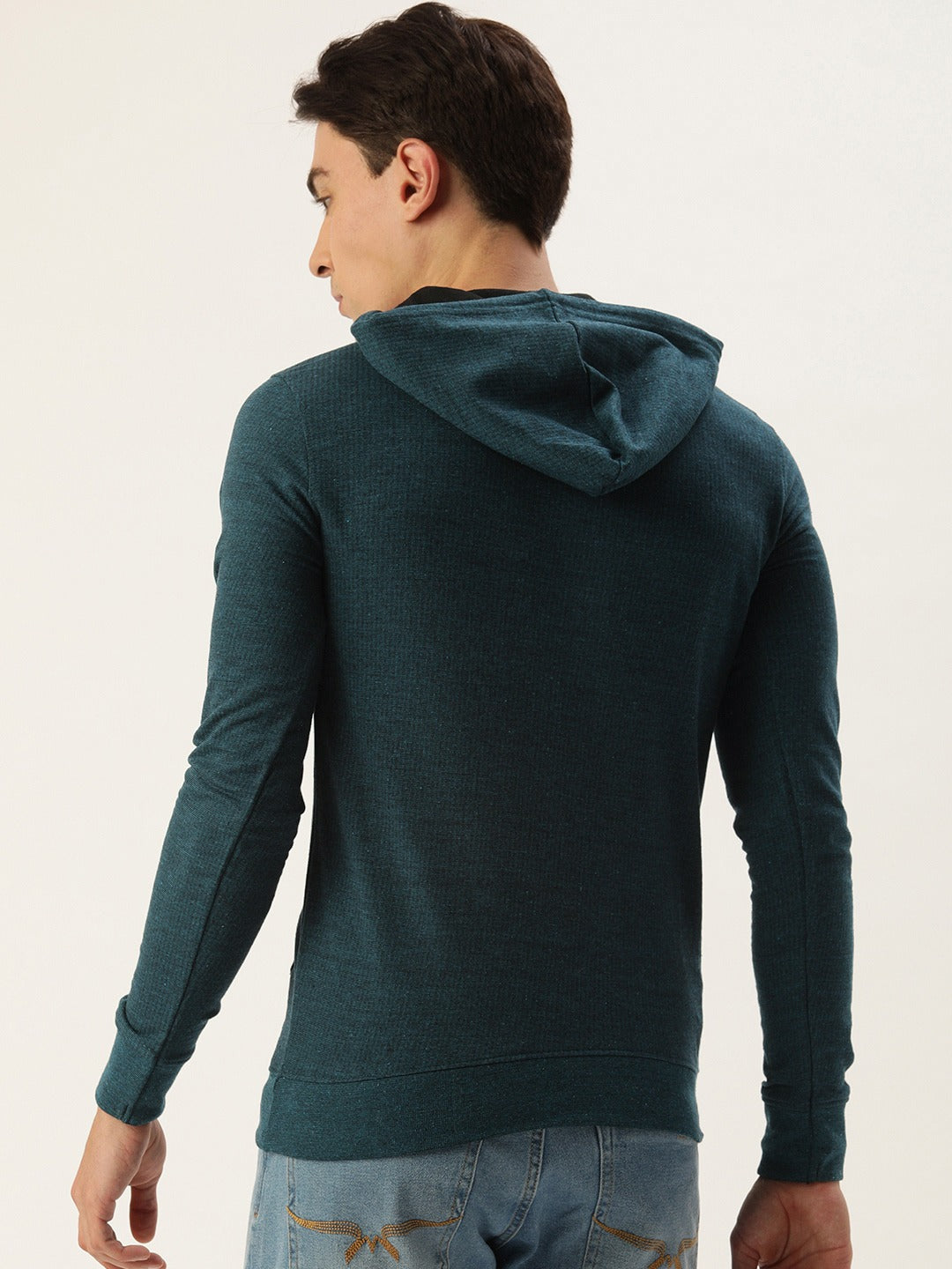 Men Blackteal Solid Hooded Kangaroo Pocket Sweatshirt